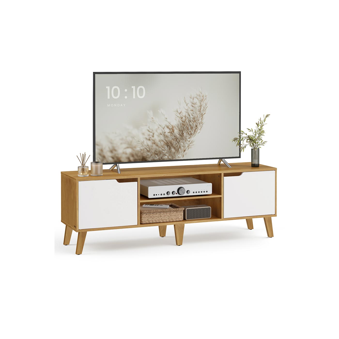 TV-Schrank mit verstellbarer Ablage im Übergangsstil Natureichenfarben-Cremeweiß