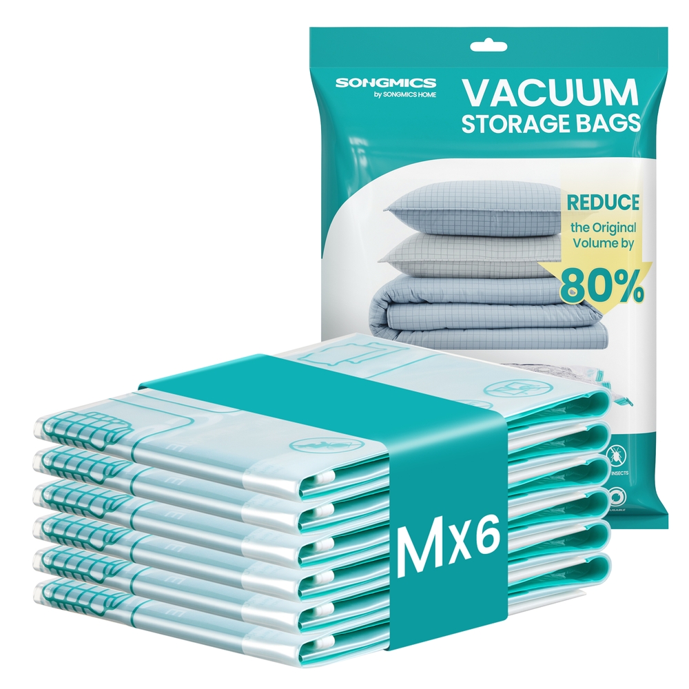 SONGMICS Vakuumbeutel, Vakuumierbeutel für Kleidung, Bettwäsche, Aufbewahrungsbeutel Reisen, platzsparend, wiederverwendbar, 6 Beutel, Größe M, transparent LVB101W101