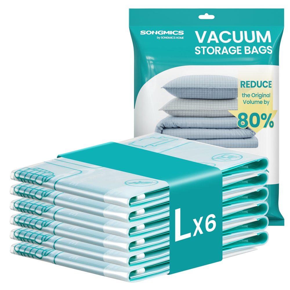 SONGMICS Vakuumbeutel, Vakuumierbeutel für Kleidung, Bettwäsche, Aufbewahrungsbeutel Reisen, platzsparend, wiederverwendbar, 6 Beutel, Größe L, transparent LVB102W101