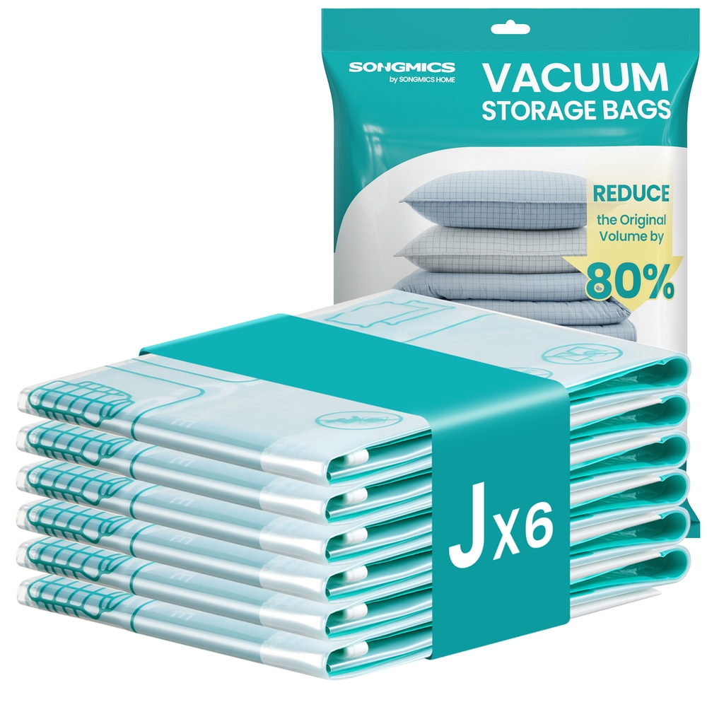 SONGMICS Vakuumbeutel, Vakuumierbeutel für Kleidung, Bettwäsche, Aufbewahrungsbeutel Reisen, platzsparend, wiederverwendbar, 6 Beutel, Größe J, transparent LVB103W101