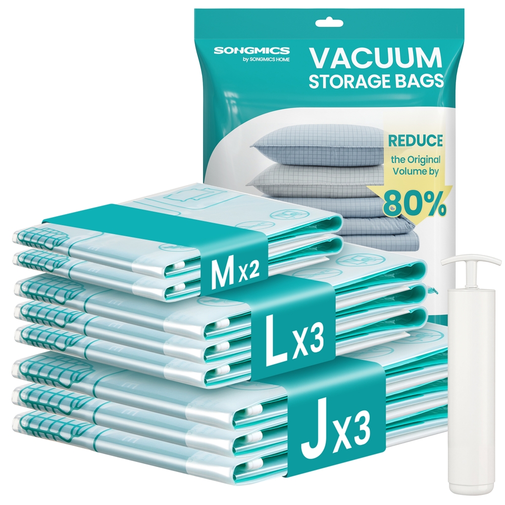 SONGMICS Vakuumbeutel, Vakuumierbeutel für Kleidung, Bettwäsche, Aufbewahrungsbeutel Reisen, platzsparend, wiederverwendbar, mit Handpumpe, 8 Beutel, 2 M/3 L/3 J, transparent LVB105W101