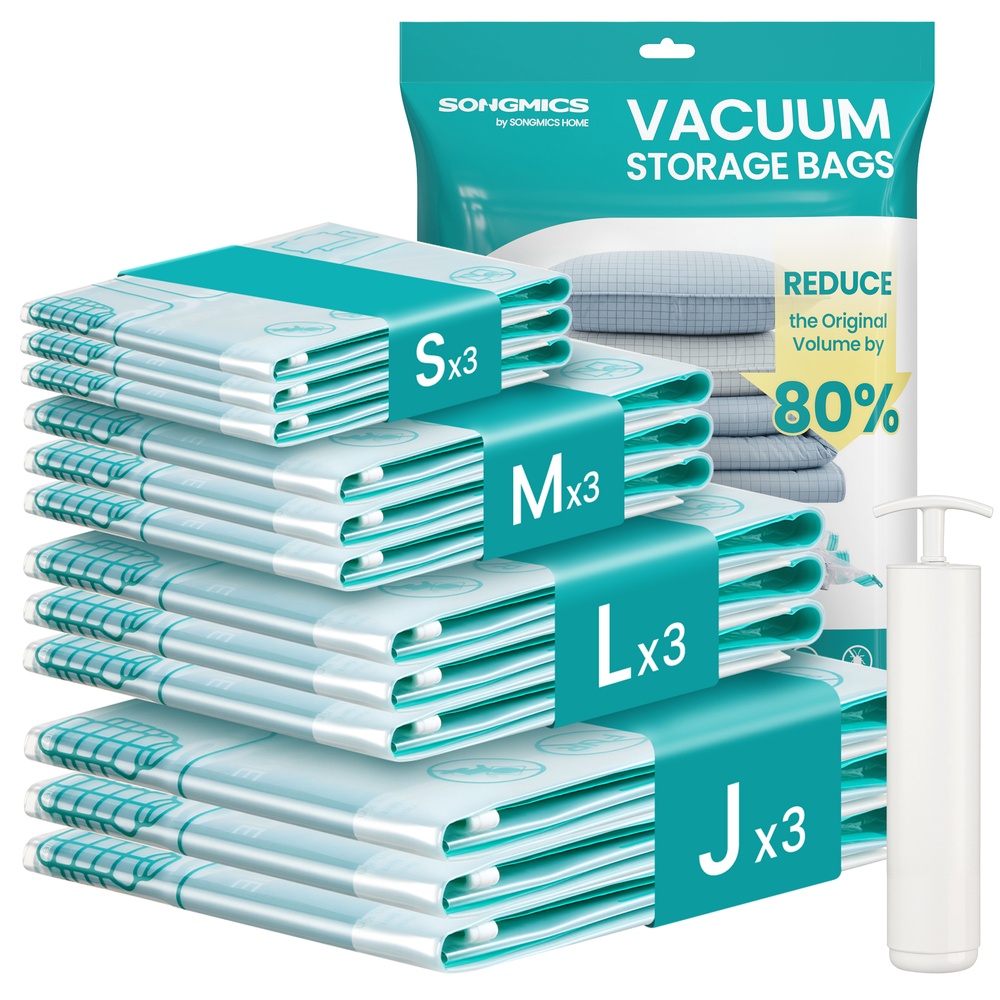 SONGMICS Vakuumbeutel, Vakuumierbeutel für Kleidung, Bettwäsche, Aufbewahrungsbeutel Reisen, platzsparend, wiederverwendbar, mit Handpumpe, 12 Beutel, 3 S/3 M/3 L/3 J, transparent LVB106W101