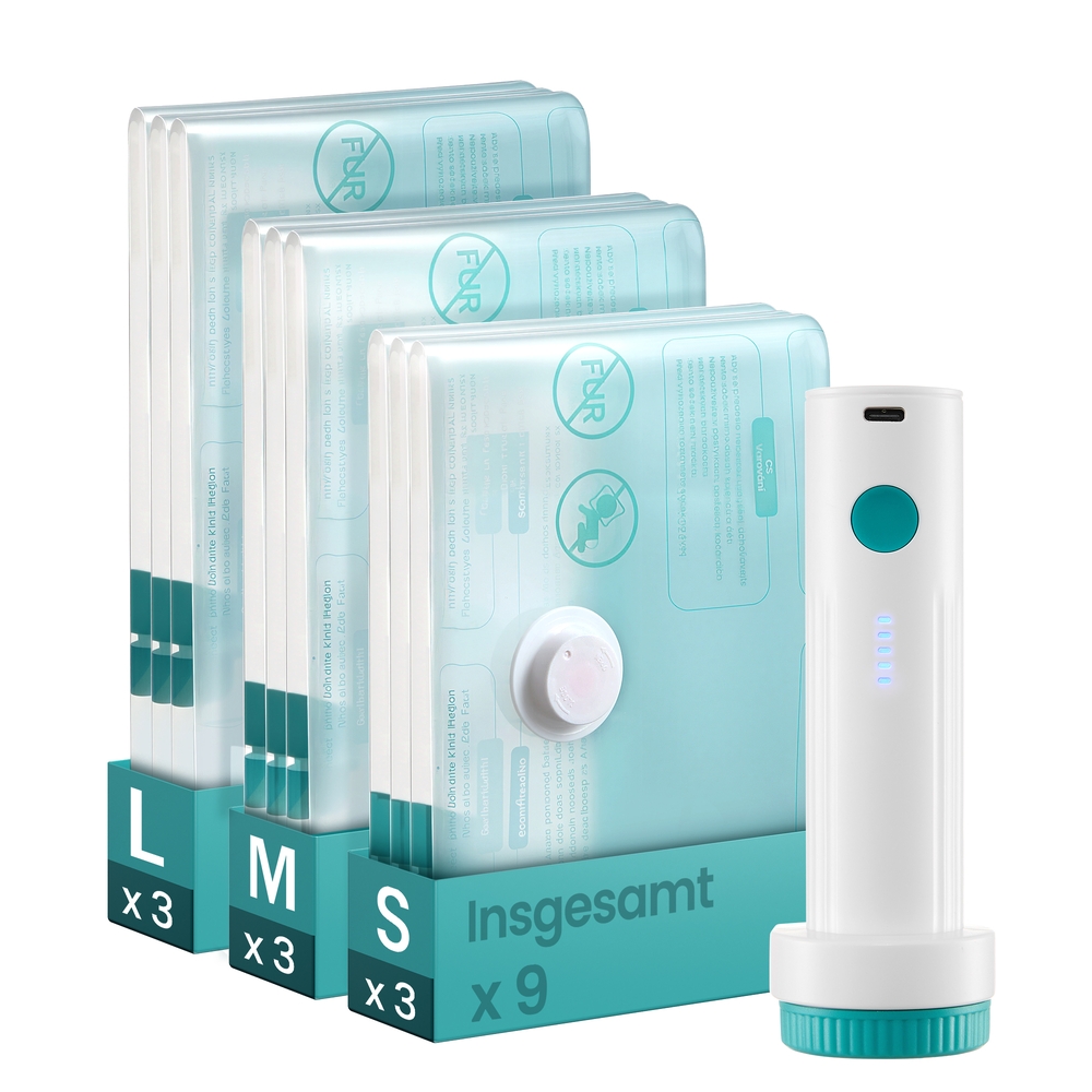 SONGMICS Vakuumbeutel für Kleidung, Vakuumierbeutel, elektrische Pumpe wiederaufladbar, Aufbewahrungsbeutel Bettwäsche, Reise wiederverwendbar, 9 Beutel, 3 S/3 M/3 L, transparent LVB201W101