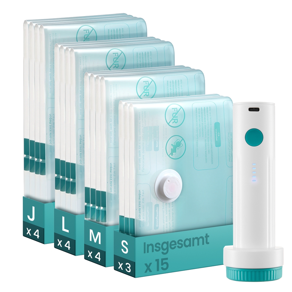 SONGMICS Vakuumbeutel für Kleidung, Vakuumierbeutel, elektrische Pumpe wiederaufladbar, Aufbewahrungsbeutel Bettwäsche, Reise wiederverwendbar, 15 Beutel, 3 S/4 M/4 L/4 J, transparent LVB203W101