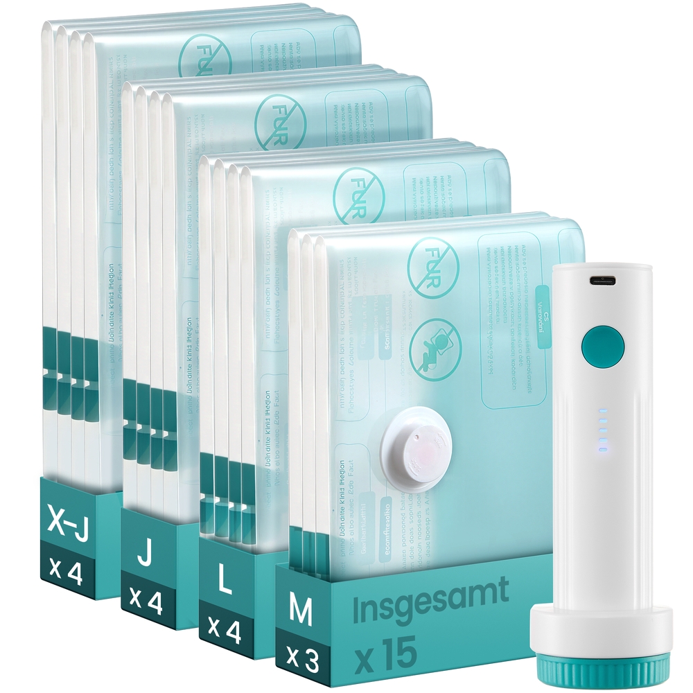 SONGMICS Vakuumbeutel für Kleidung, Vakuumierbeutel, elektrische Pumpe wiederaufladbar, Aufbewahrungsbeutel Bettwäsche, Reise wiederverwendbar, 15 Beutel, 3 M/4 L/4 J/4 X-J, transparent LVB204W101