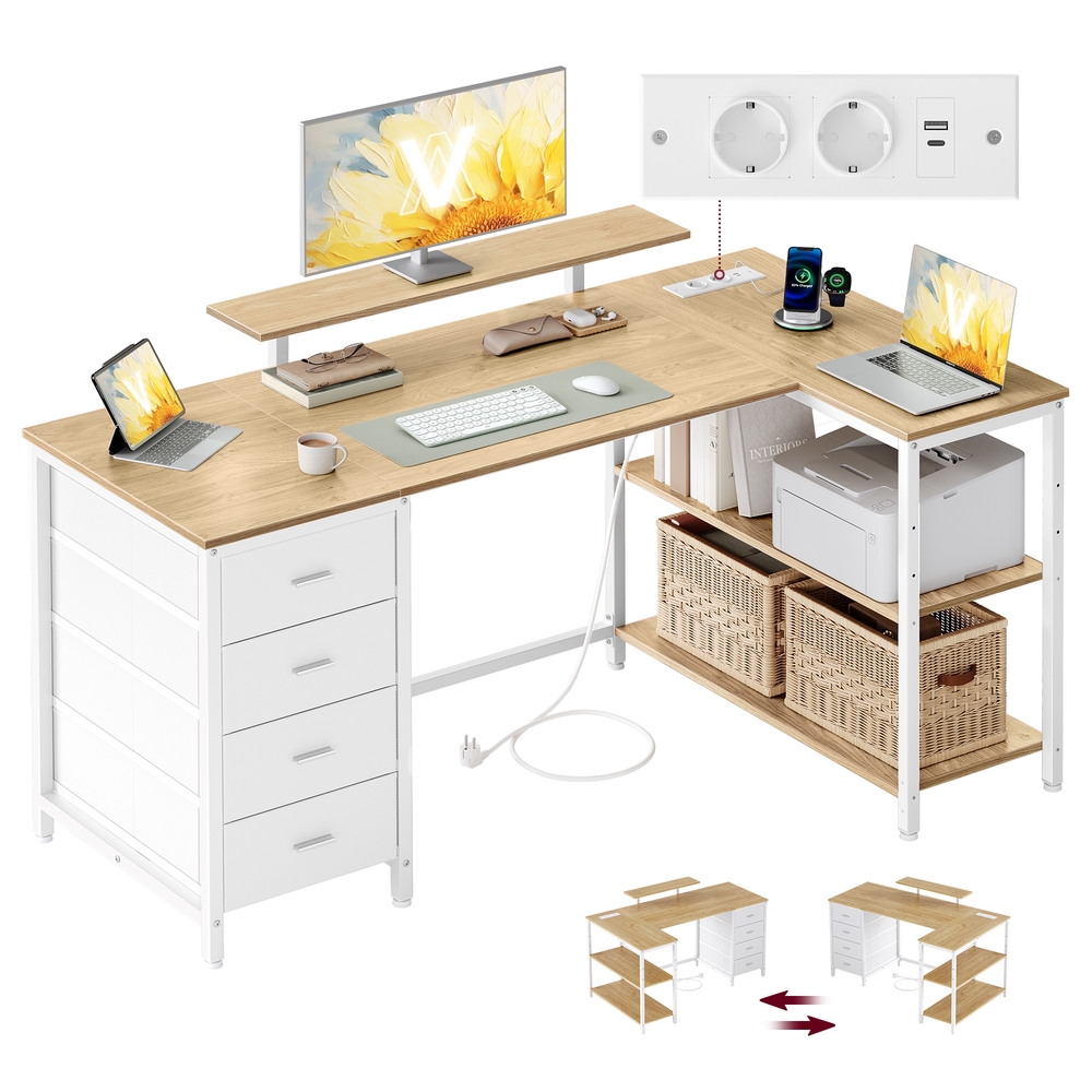 Eckschreibtisch L-Form weizengelb-mattweiß 140x80 cm USB