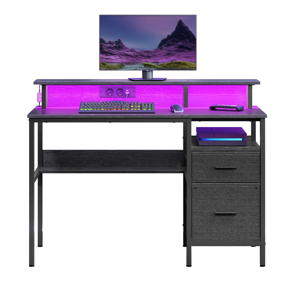Computertisch mit Stoff-Schubladen, Schreibtisch mit LED-Beleuchtung, Monitorständer