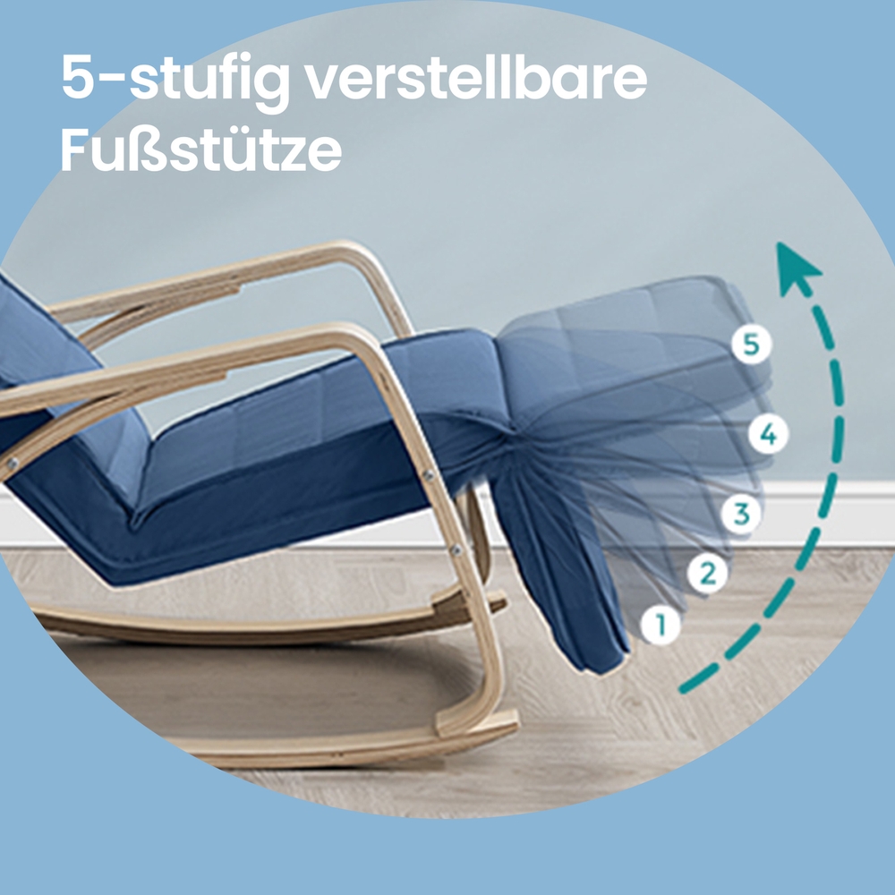 Schaukelstuhl mit 5-stufig verstellbarer Fußstütze, Schaukelsessel mit Armlehnen aus Birkenholz, für Wohnzimmer