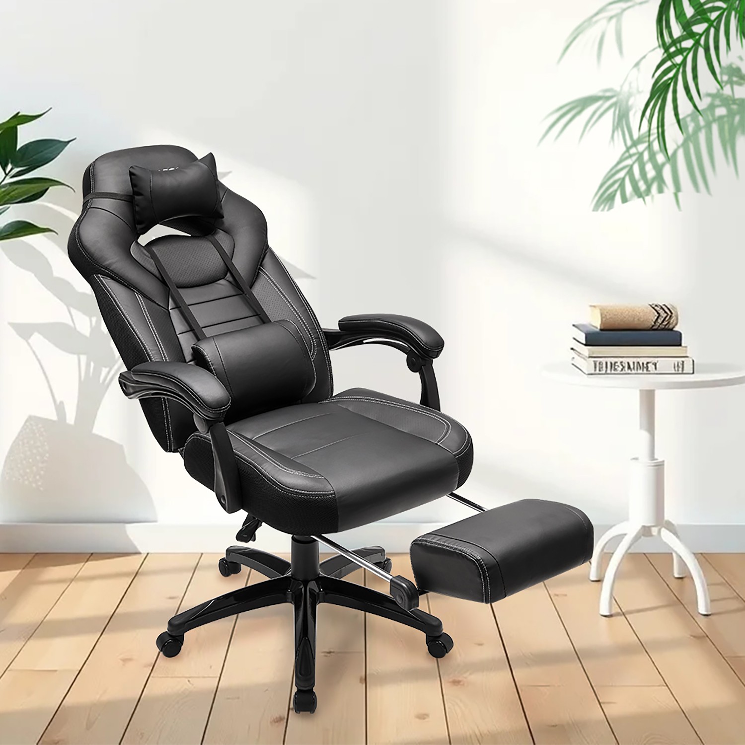 Ergonomischer  Gaming-Stuhl mit Fußstütze, für Büro, verstellbares Kopf- und Lendenkissen