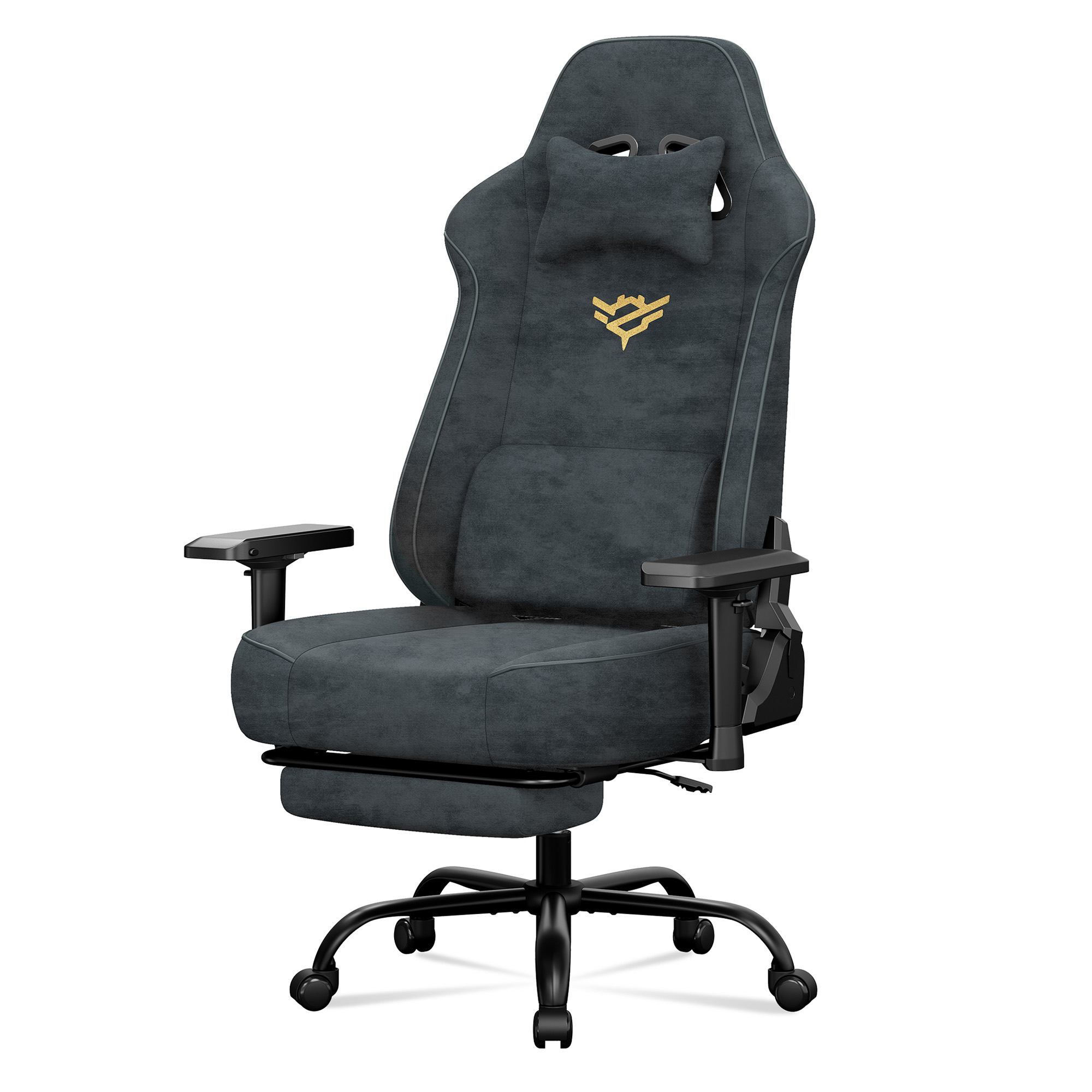 Gamingstuhl aus Wildlederimitat mit 4D-Armlehnen, Fußstütze und Taschenfederkern, bis 200 kg, Anthrazitgrau