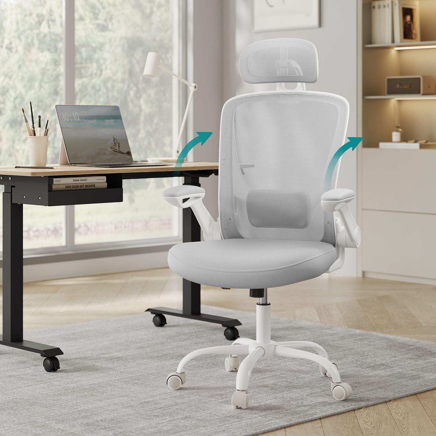 Bürostuhl ergonomisch mit Mesh und Kopfstütze taubengrau