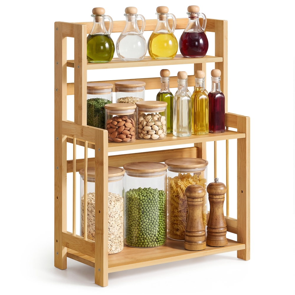 SONGMICS Gewürzregal mit 3 Ebenen, Küchenregal, Aufbewahrungsregal, für Arbeitsplatte, Bambusgestell, für Küche, Esszimmer, Büro, naturbeige OFS047Y101