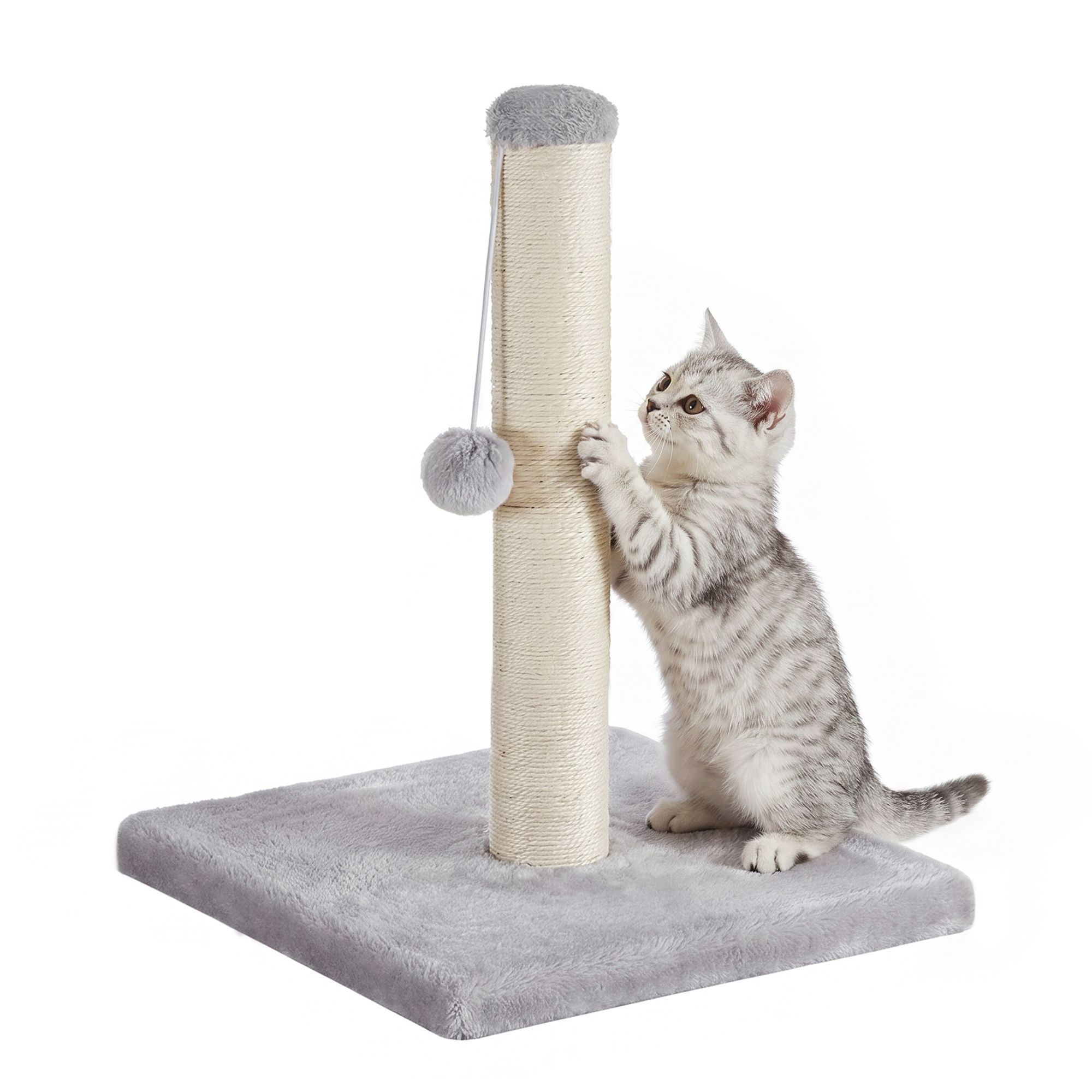 Kleine Kratzsäule mit Sisalstamm und Plüschball Taubengrau