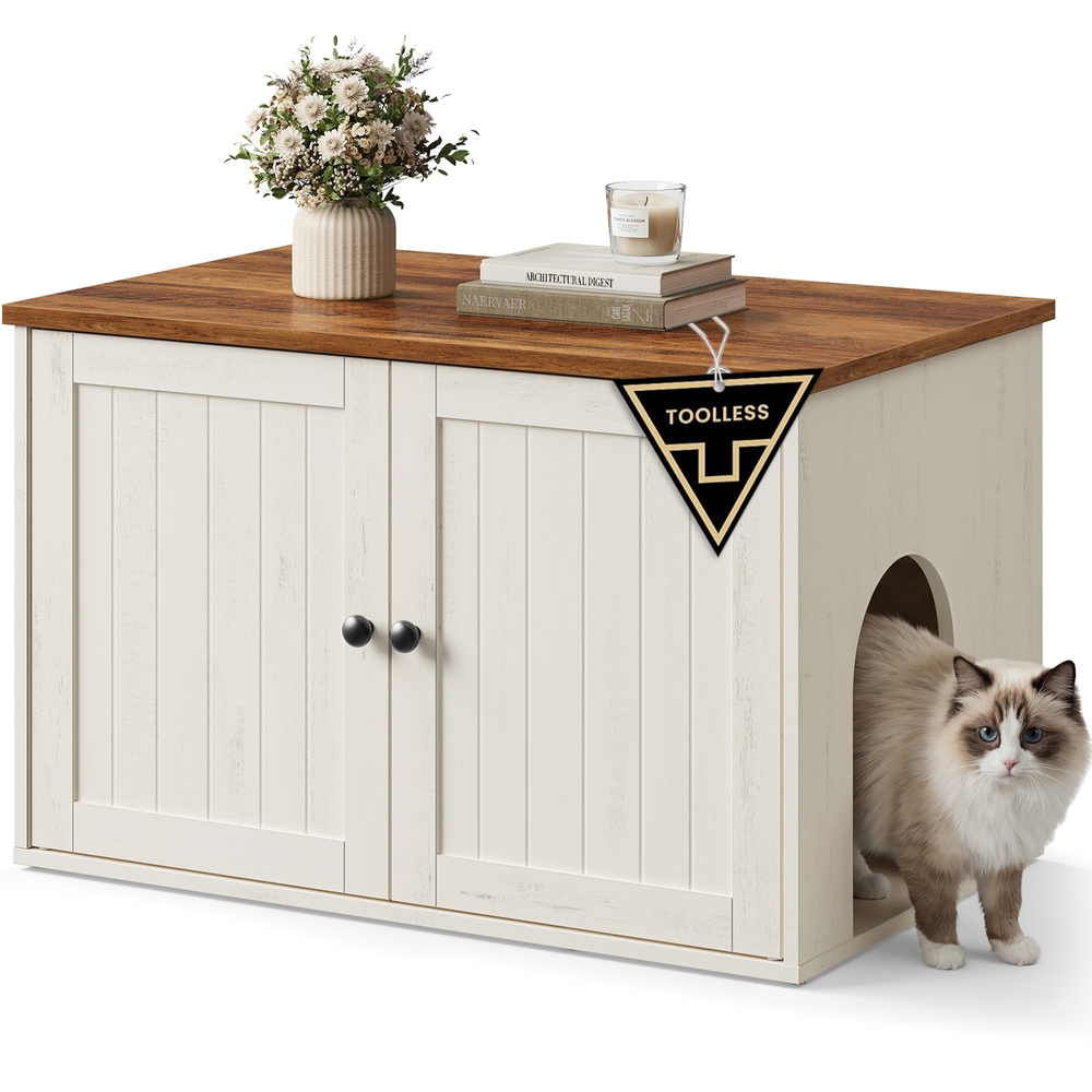 "Katzenklo-Schrank Katzenschrank Push-to-Open Türen vintageweiß-honigbraun  "