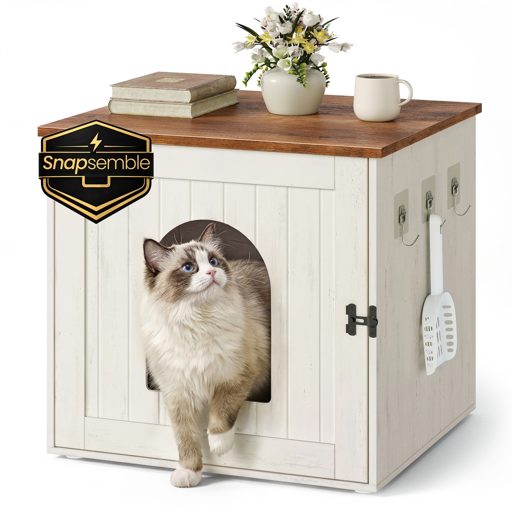 HOME Katzenklo-Schrank, Snapsemble – superschnelle Montage, Katzenschrank, doppelte Verschlüsse, Katzenhaus, mit Haken, 55 x 50 x 50 cm, vintageweiß-honigbraun