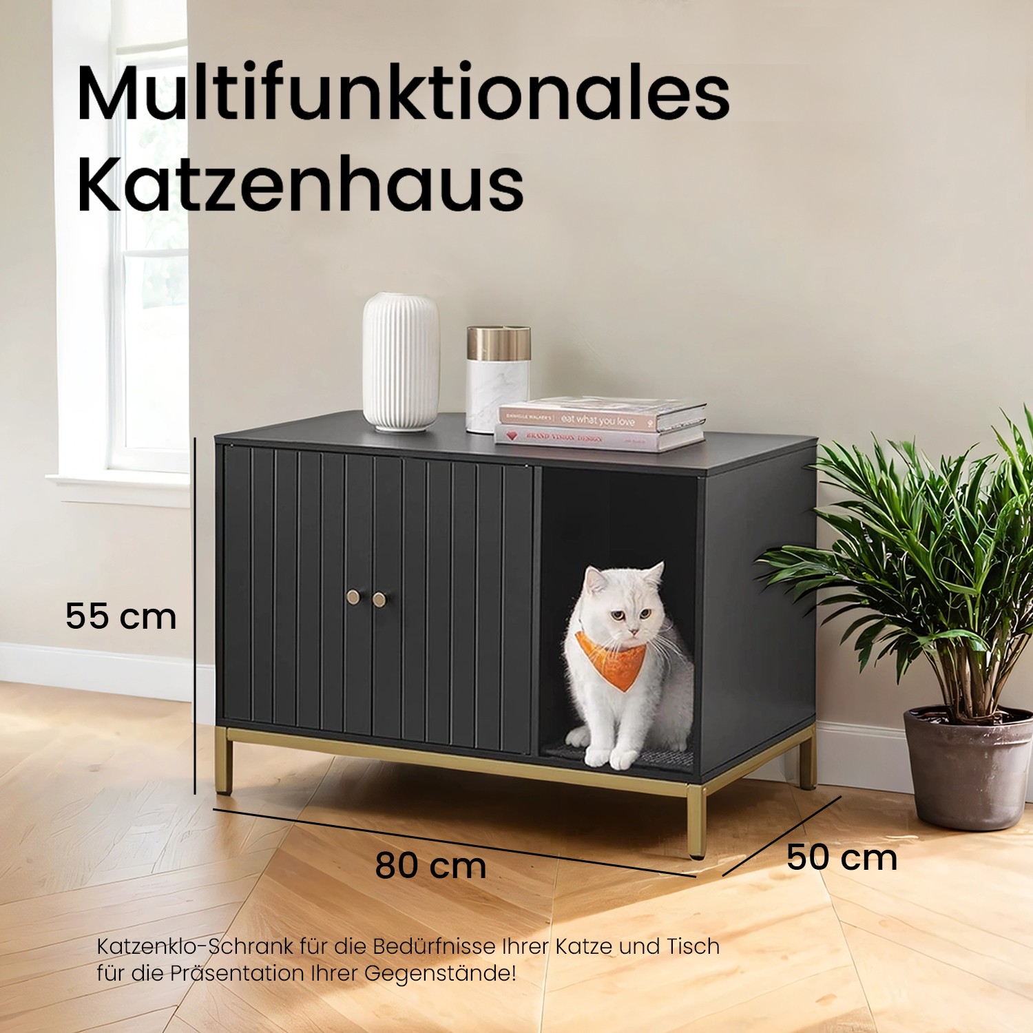 Katzentoilette mit erhöhtem, kratzfestem Vorleger, Hochbein-Design