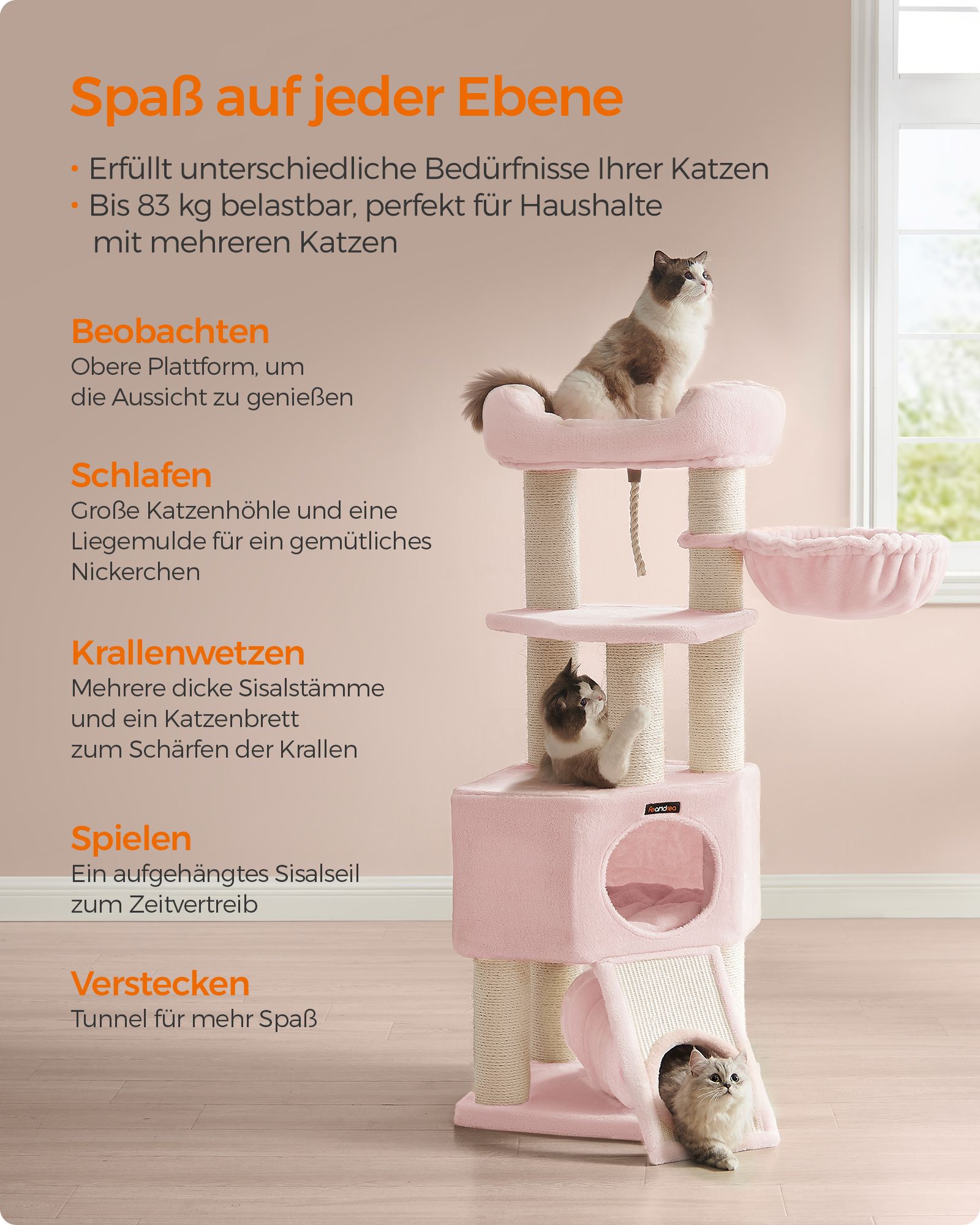 Draskyklė su urvais 50 x 50 x 141 cm pastelinės rožinės spalvos