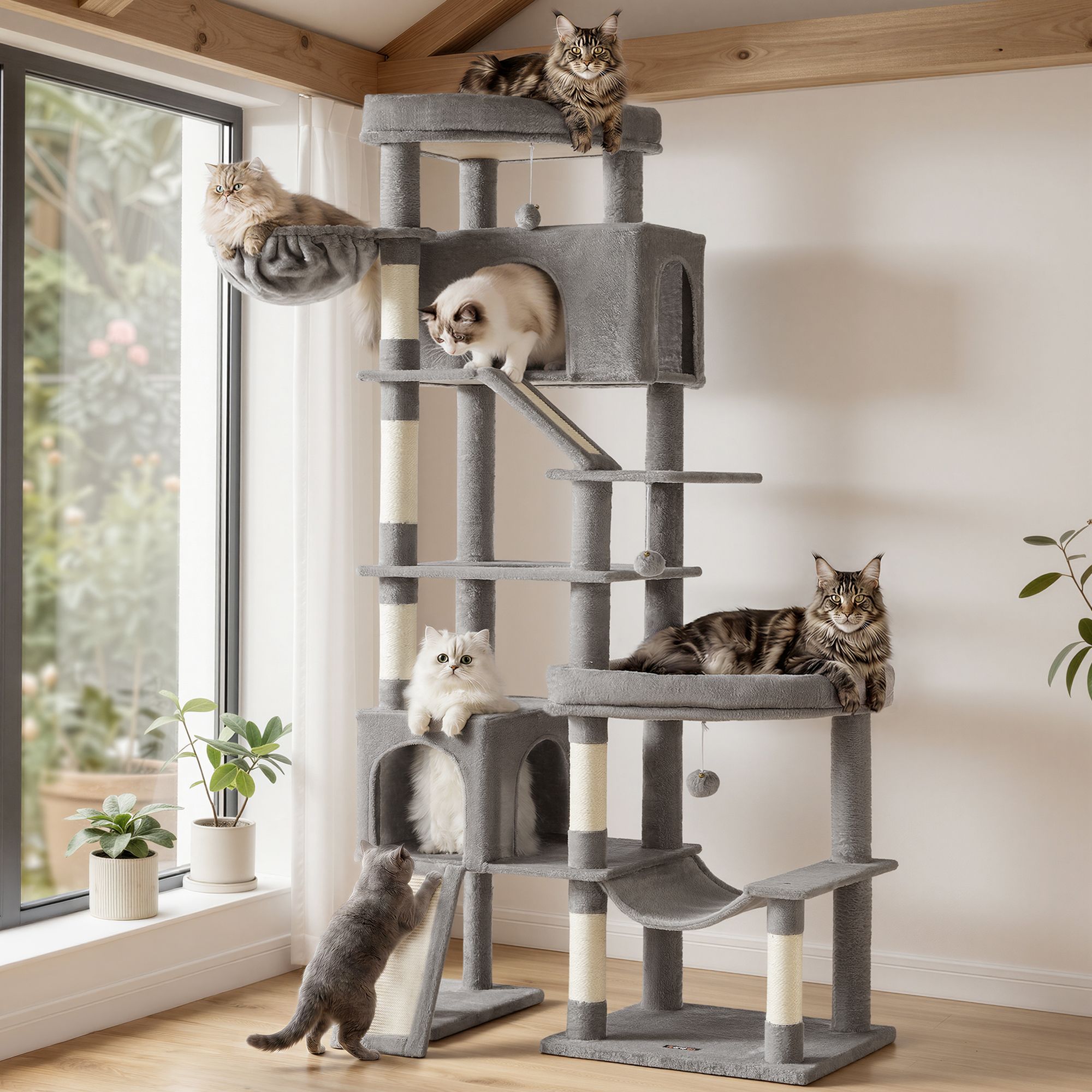 Großer Katzenbaum mit sechs Ruhebereichen Sisalstämmen in Taubengrau