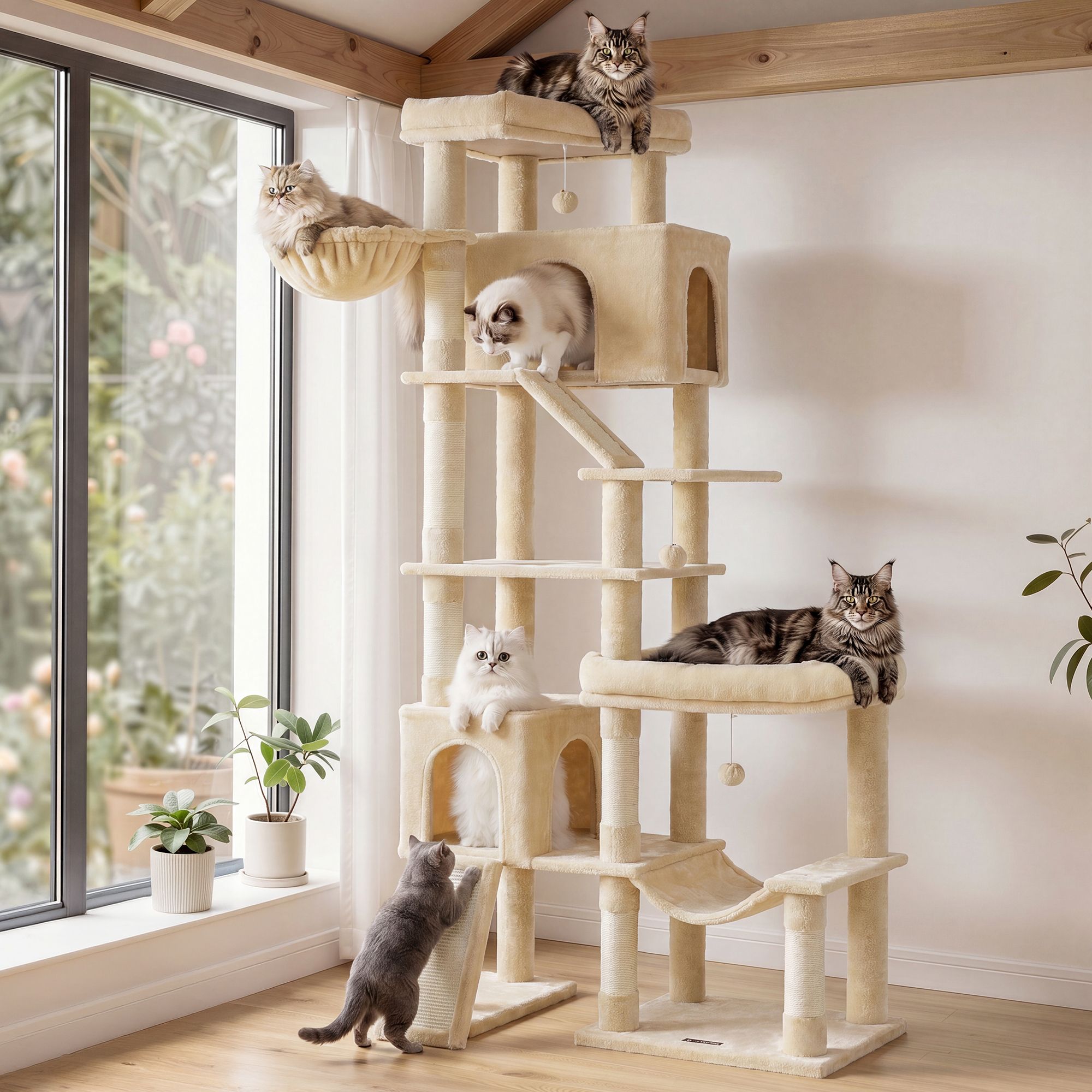 Großer beiger Katzenbaum mit 6 Ruhebereichen und Sisalstämmen