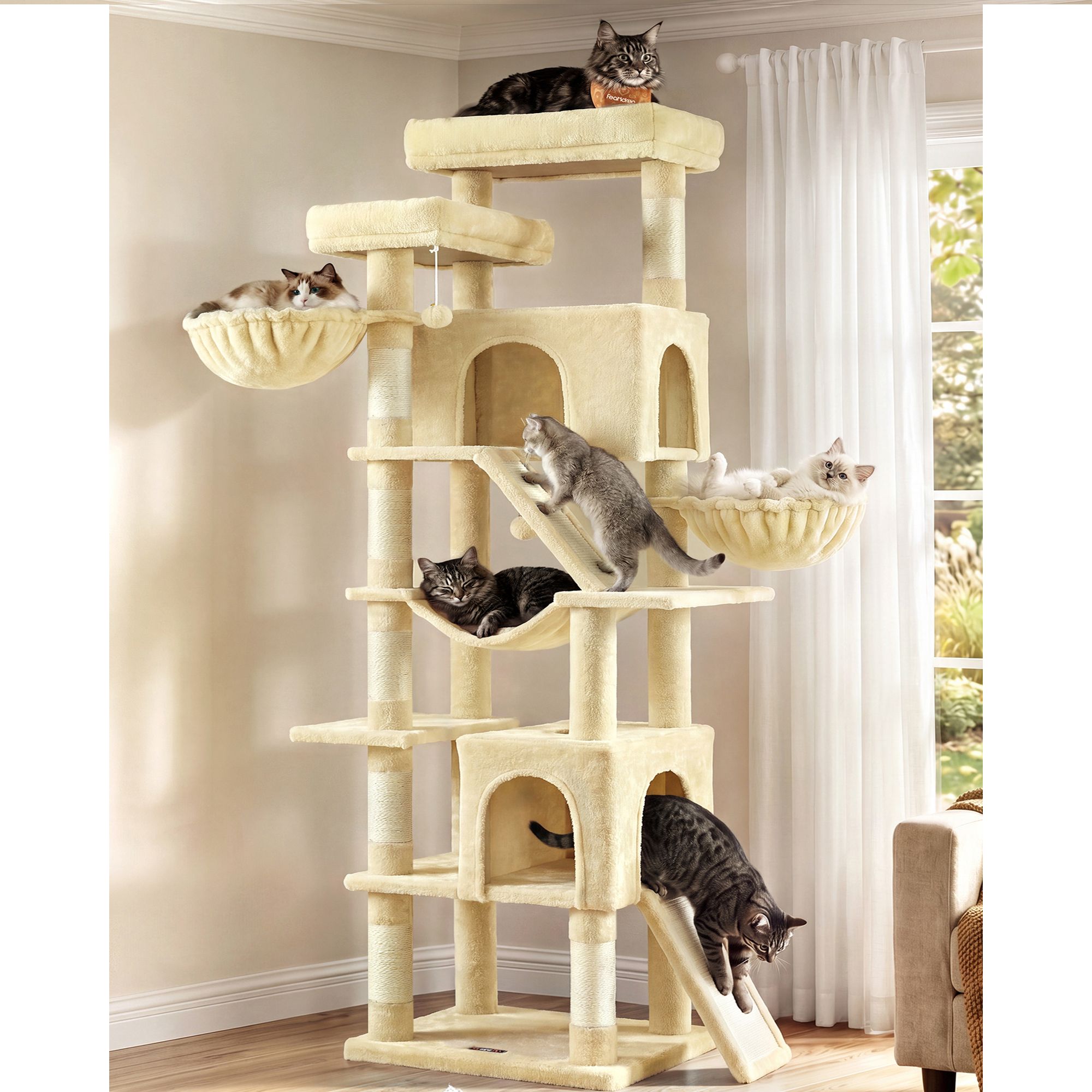 XXL Kratzbaum mit Kratzbrettern und Sisal, 55 x 45 x 206 cm, Beige