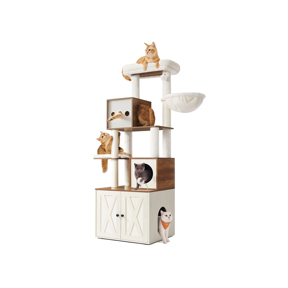 Katzenbaum mit Katzenklo-Schrank 178 cm hoch honigbraun-vintageweiß