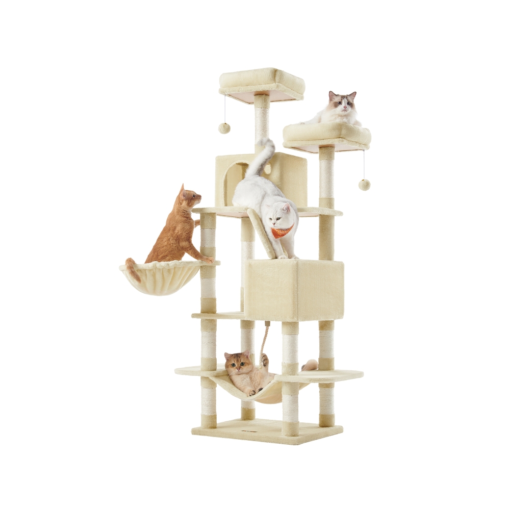 Kratzbaum groß 2 Plattformen Plüschbälle beige