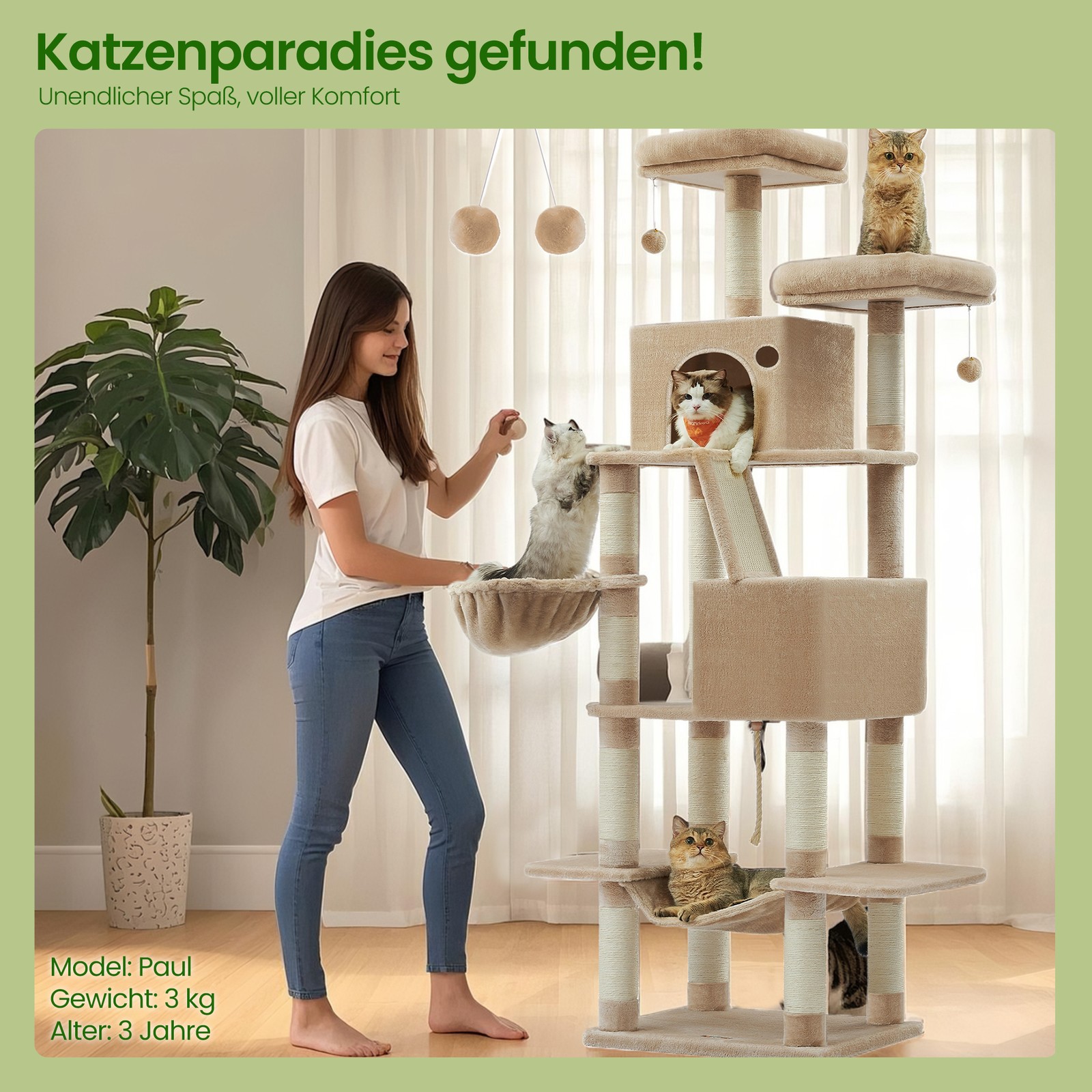 Kratzbaum 206 cm hoch, Katzenbaum, mit 13 Kratzsäulen