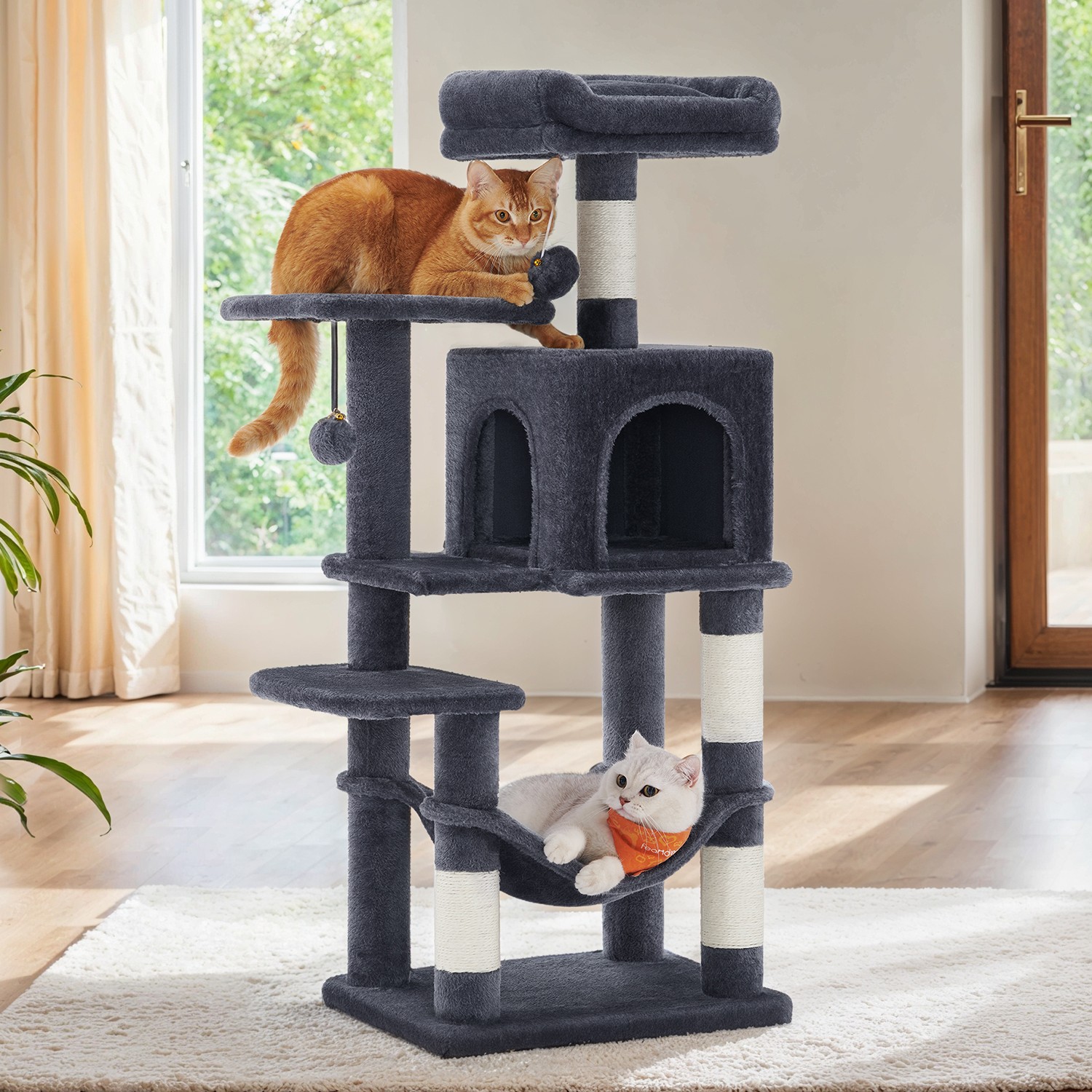 Kratzbaum, mehrstöckiger Katzenbaum mit Höhle, Hängematte und 4 Kratzstämmen