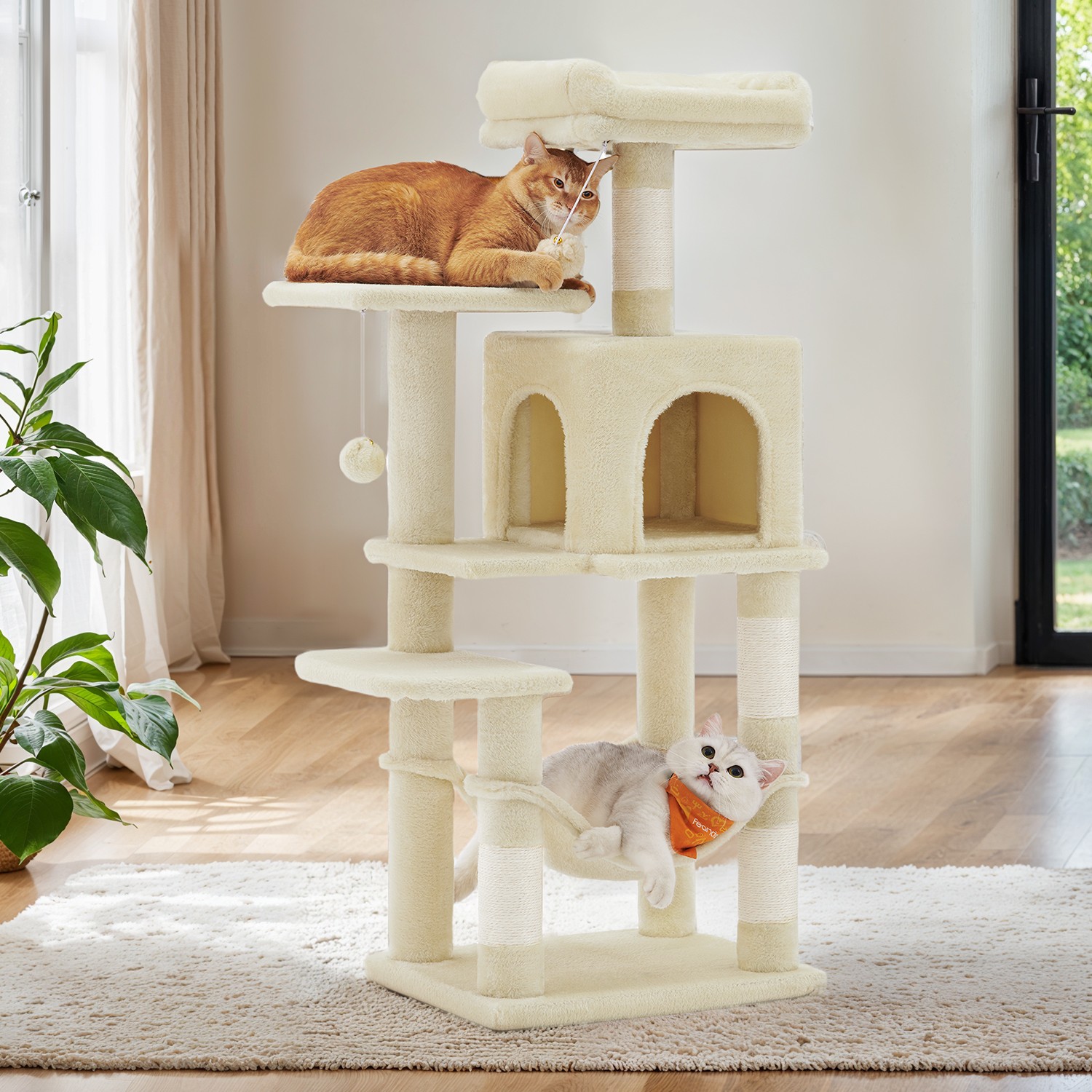 Kratzbaum, mehrstöckiger Katzenbaum mit Höhle, Hängematte und 4 Kratzstämmen