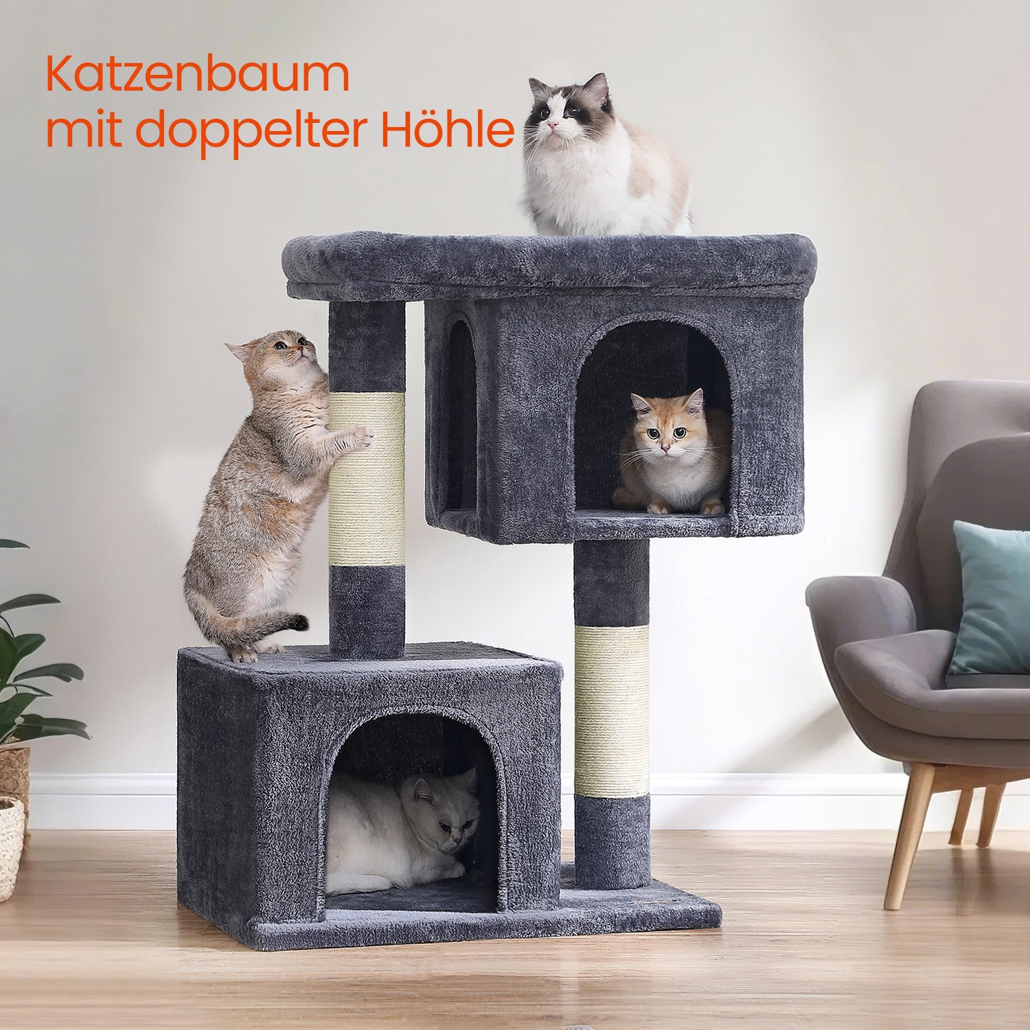 101 cm hoher Kratzbaum, Katzenbaum, große Plattform