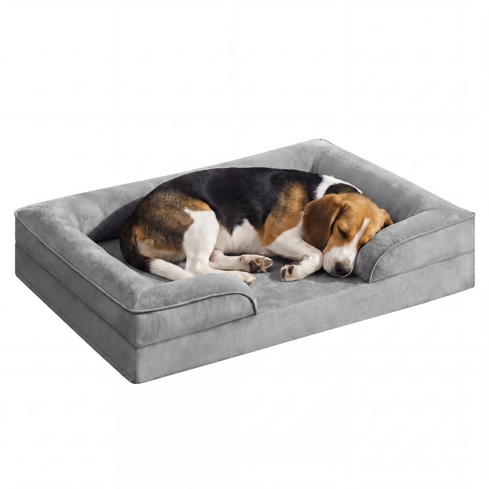 Orthopädisches Hundebett L, abnehmbarer Bezug, erhöhte Ränder, rutschfest, waschbar, Haustierbett, hellgrau
