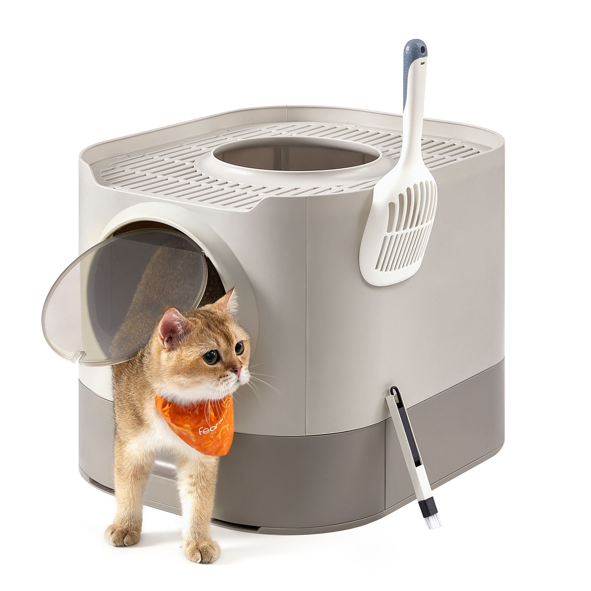 XXL Katzentoilette mit Deckel Auszug und Schaufel Hellbraun