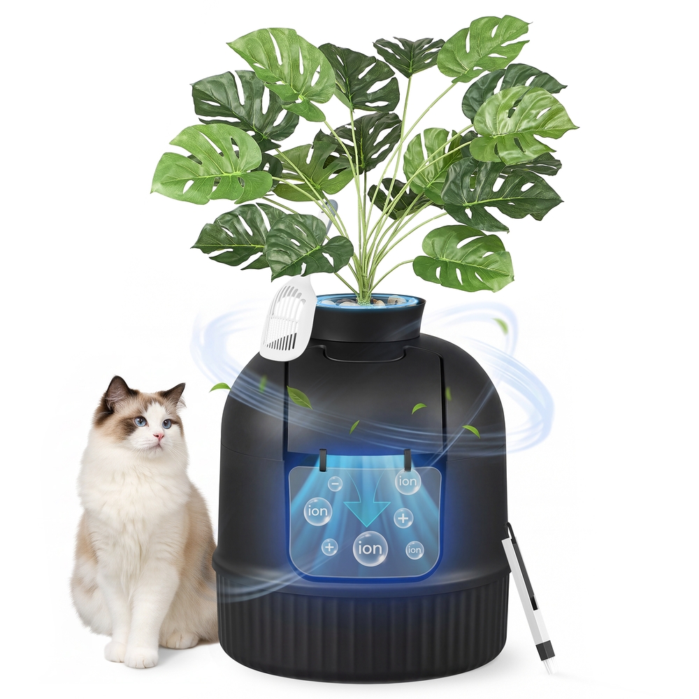 Katzenklo versteckt Blumentopf Tür geschlossen Kohlefilter tintenschwarz