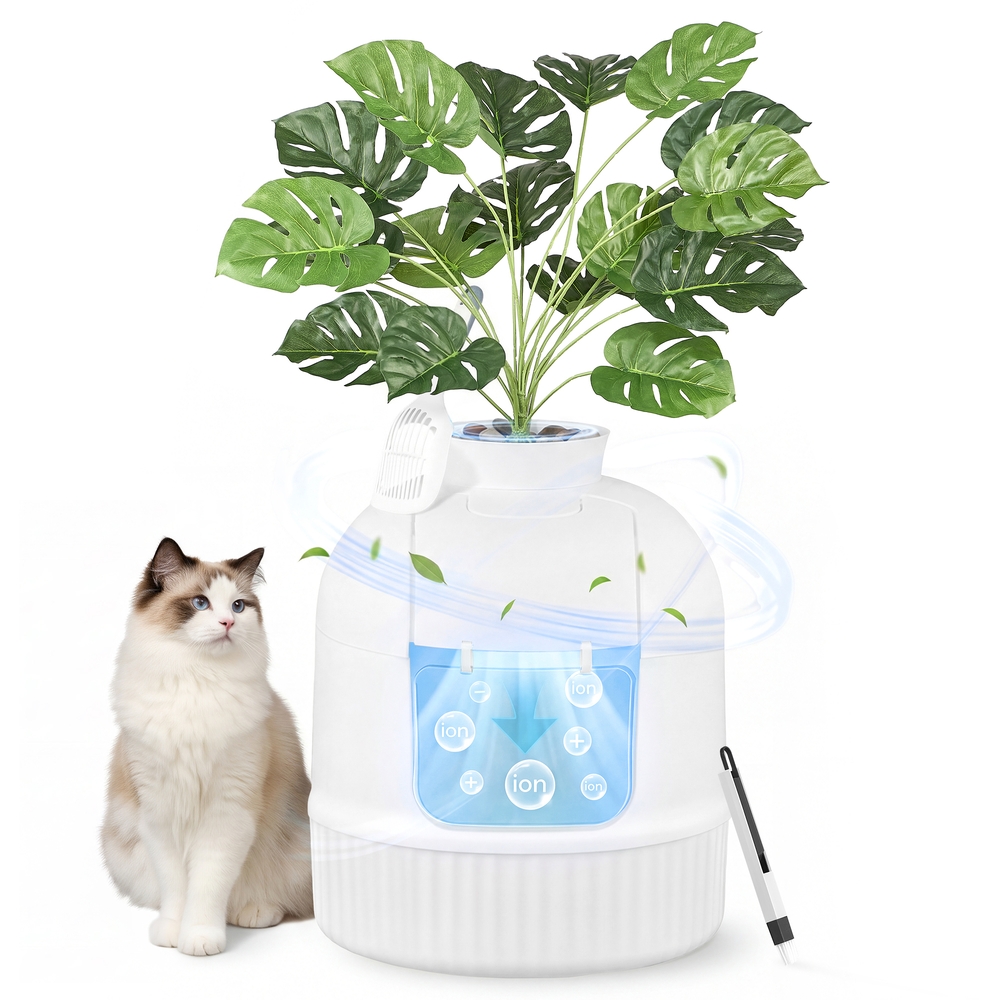 Katzenklo versteckt Blumentopf Tür geschlossen Kohlefilter wolkenweiß