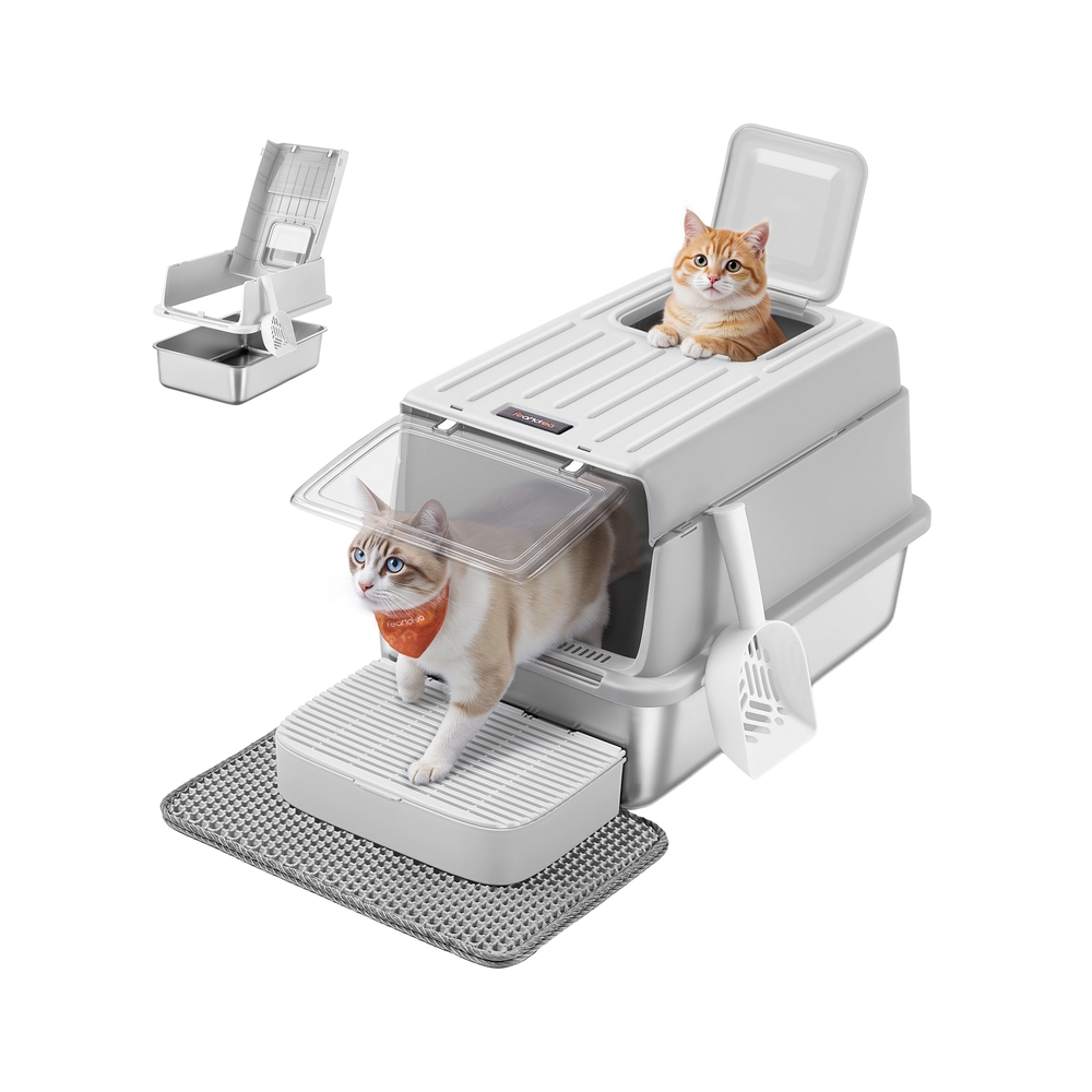 Katzentoilette aus Edelstahl mit Deckel und Zubehör