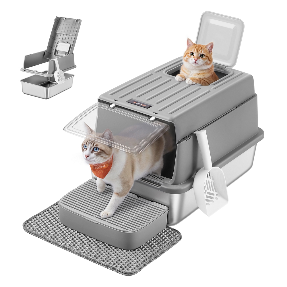 Katzentoilette aus Edelstahl mit Deckel und Zubehör Taubengrau