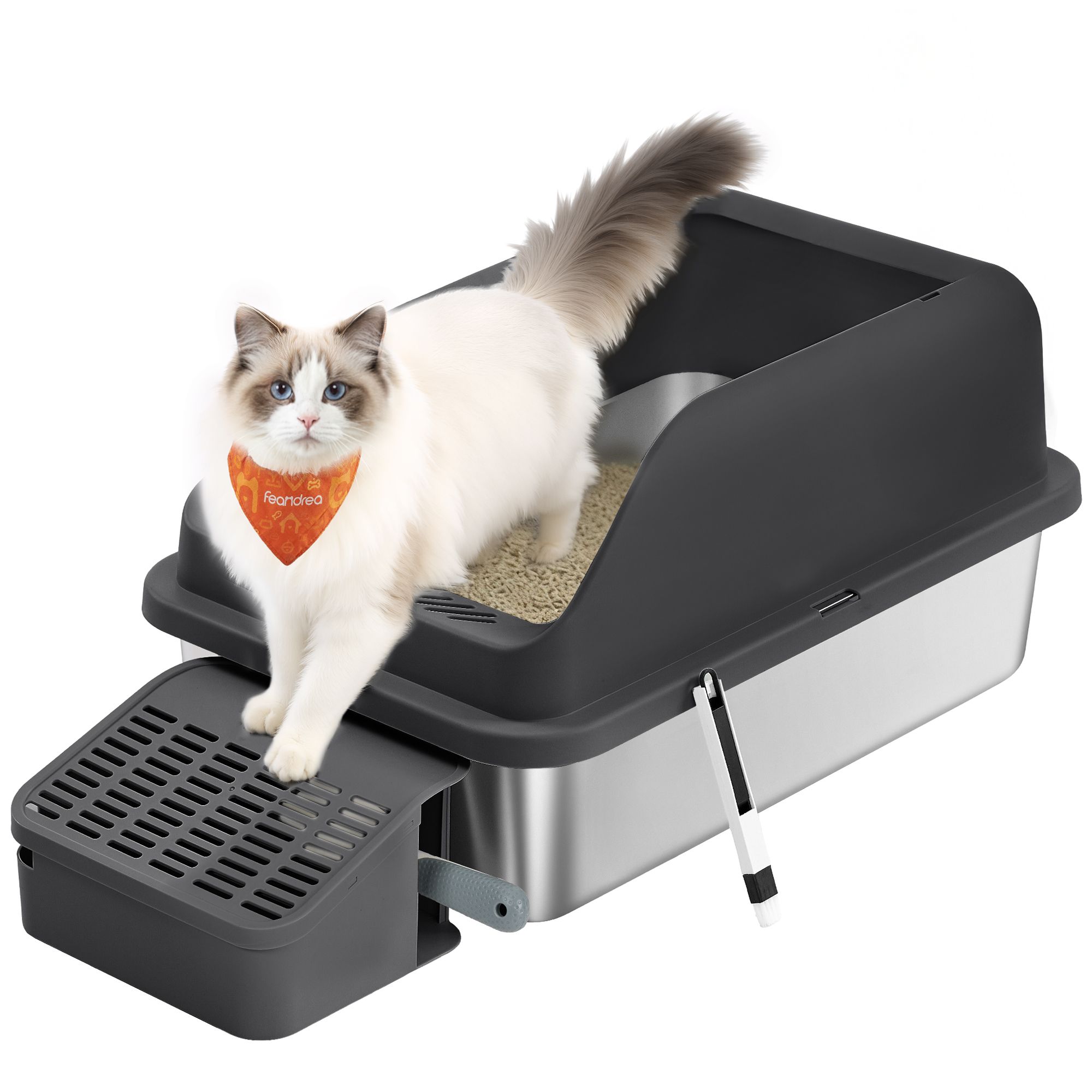 XXL-Katzenklo aus Edelstahl mit hohem Rand, Treppe und Schaufel