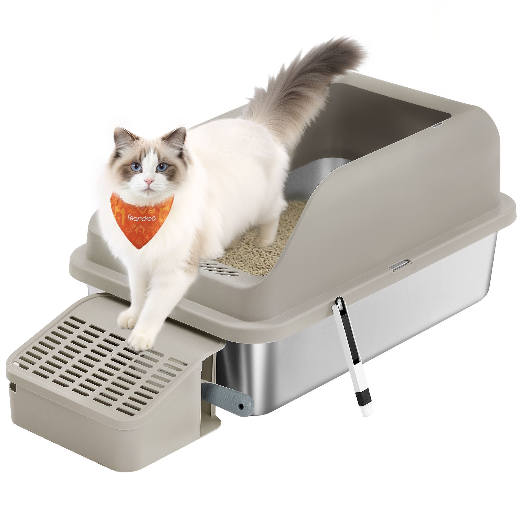 XXL-Katzenklo aus Edelstahl mit hohem Rand, Treppe und Schaufel