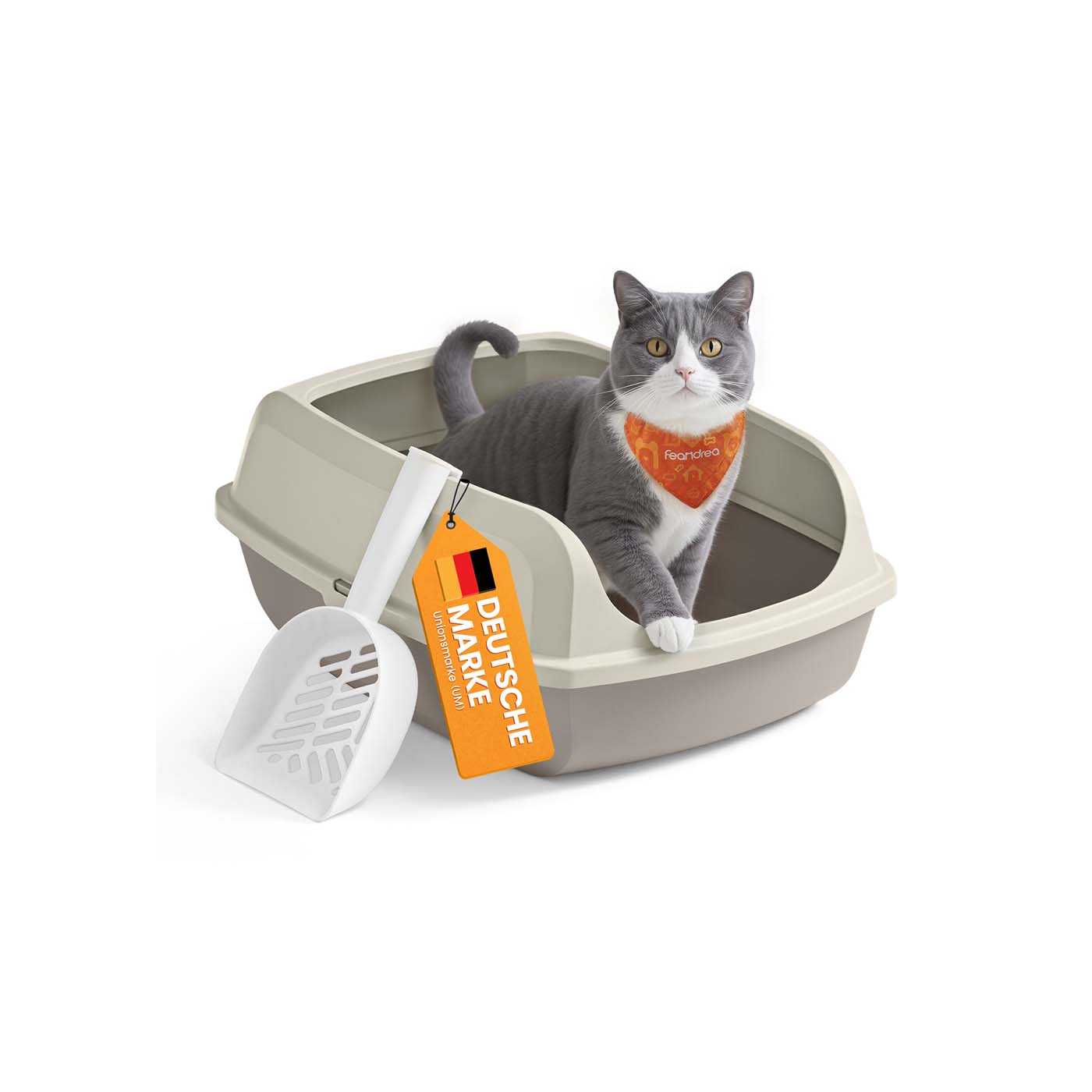 Offene Katzentoilette mit hohen Seitenwänden und Schaufel