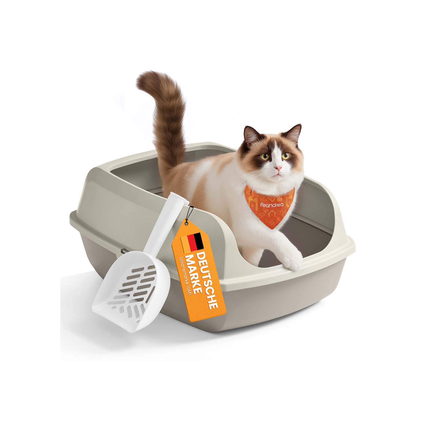 Offene Katzentoilette mit hohen Seitenwänden und Schaufel