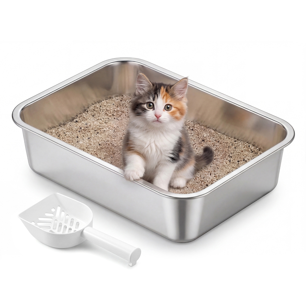 Feandrea Katzenklo Edelstahl, Katzentoilette offen, mit Schaufel, antihaftbeschichtet, geruchsfrei, leicht zu reinigen, S, 40 x 30 x 10 cm, für Kätzchen und kleine Katzen PPT013E101