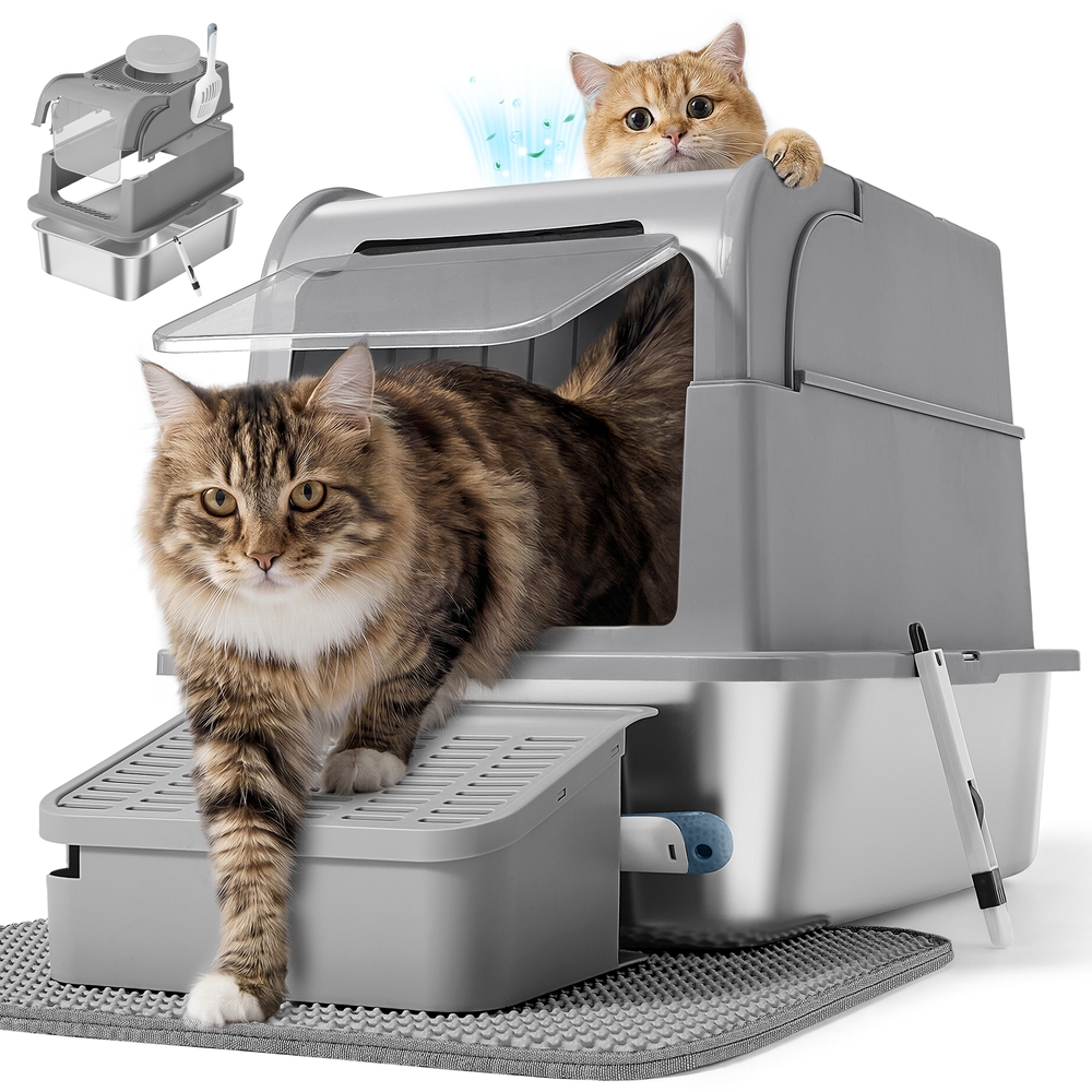 Katzentoilette Edelstahl taubengrau mit Deckel und Zubehör