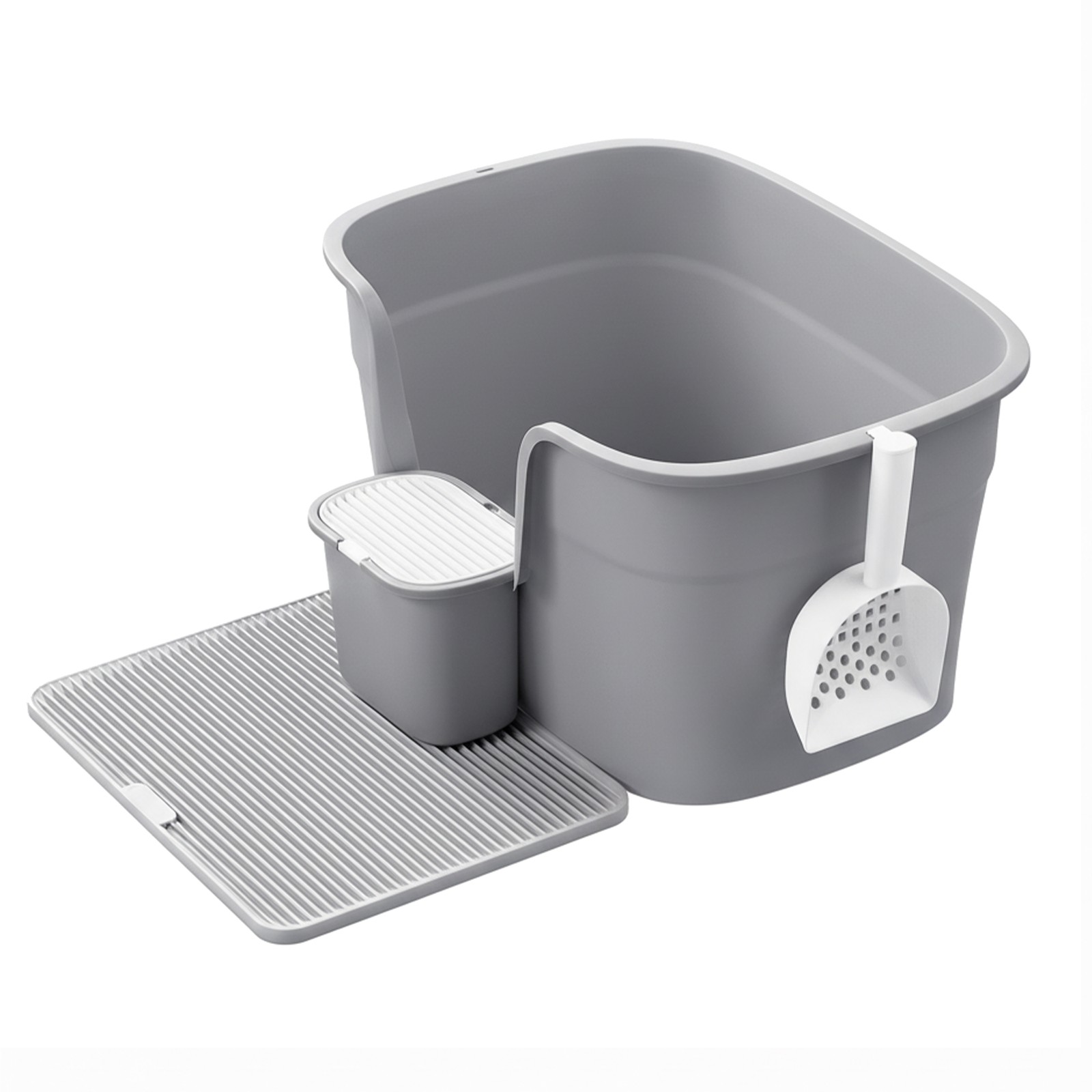 Große Katzentoilette mit hohen Seitenwänden, Katzenstreumatte und Schaufel, Aufbewahrungsbox