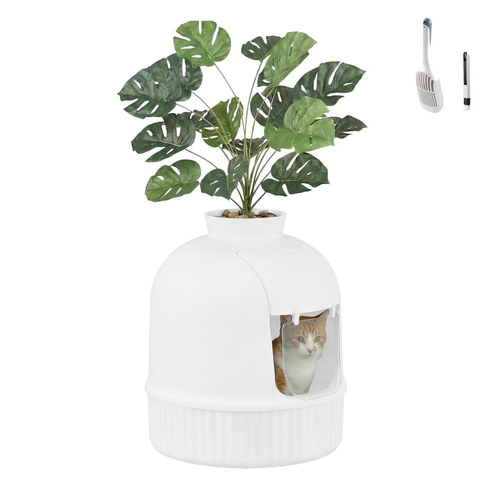 Katzentoilette mit Tür im Blumentopfdesign und Filter weiß