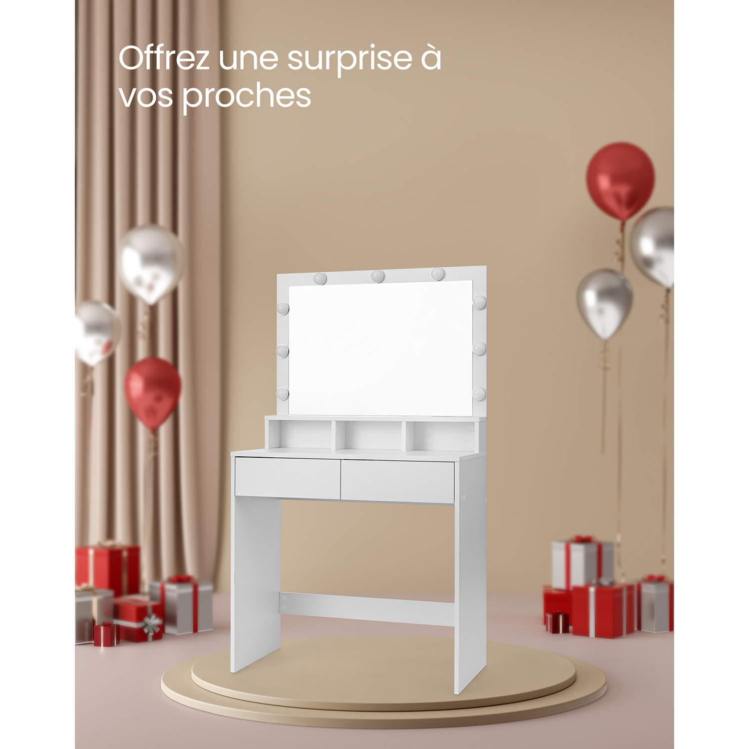 Kosmetinis staliukas su veidrodžiu ir lemputėmis