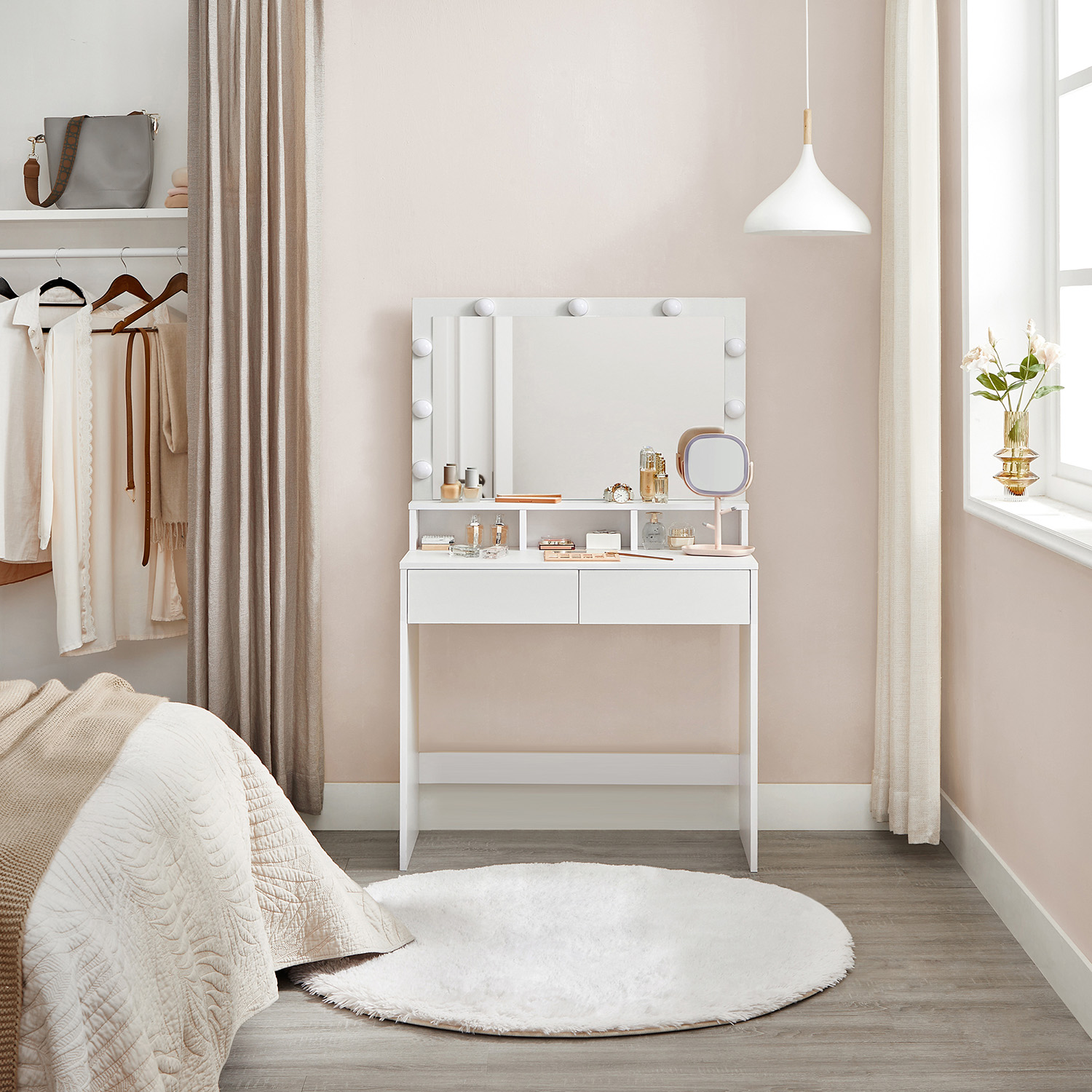 Kosmetinis staliukas su veidrodžiu ir lemputėmis