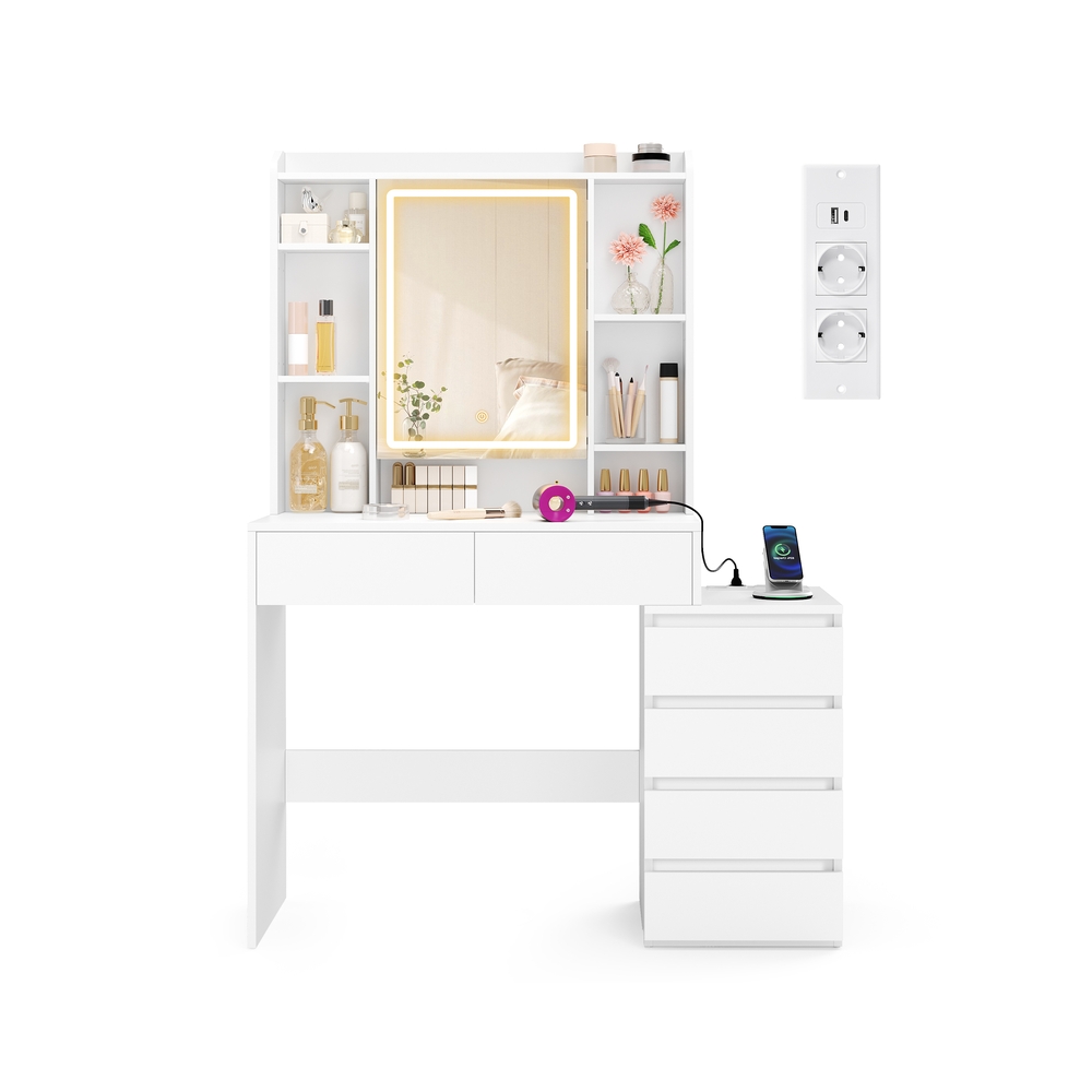 Kailyn Kollektion - Schminktisch mit LED-Spiegel Steckdosenleiste 40 x 105 x 145 cm wolkenweiß
