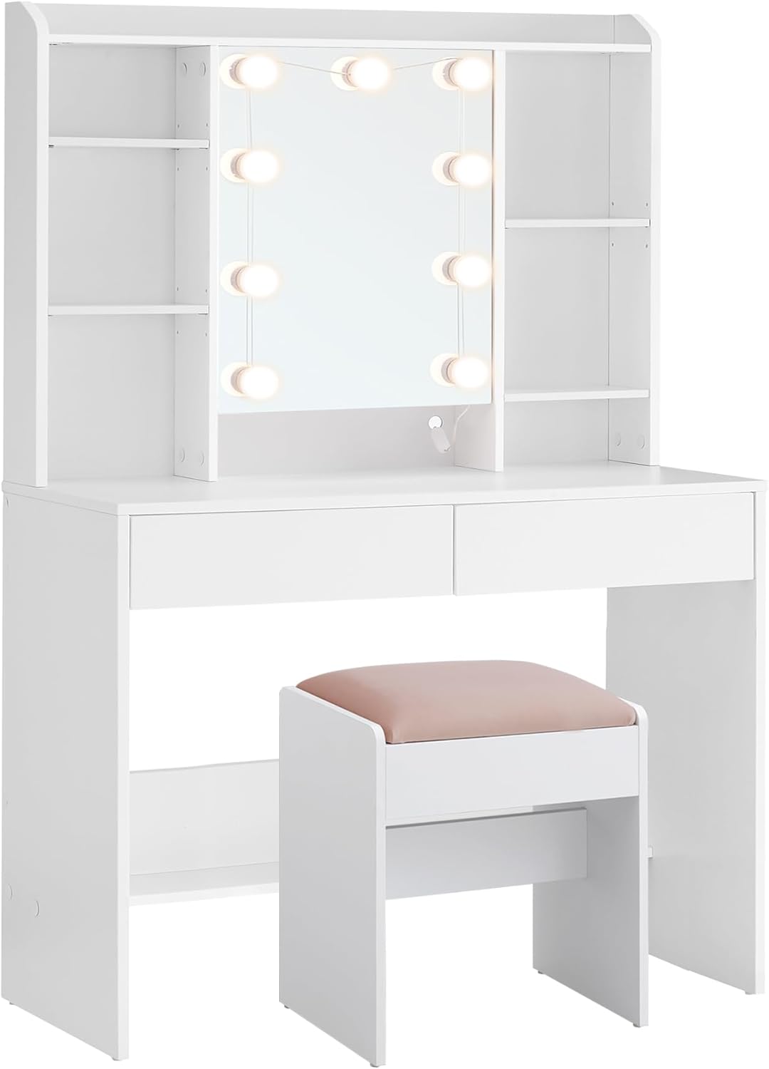 Schminktisch mit Beleuchtung, einstellbare Helligkeit, Hocker, Frisiertisch mit Spiegel, Kosmetiktisch mit verstellbaren Ablagen, 2 Schubladen, modern, wolkenweiß und pastellrosa RDT726W01