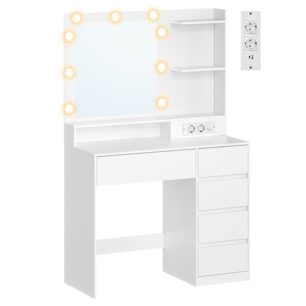Schminktisch mit Spiegel, LED-Beleuchtung, Steckdose und 5 Schubladen, 80 x 40 x 144,3 cm, Weiß