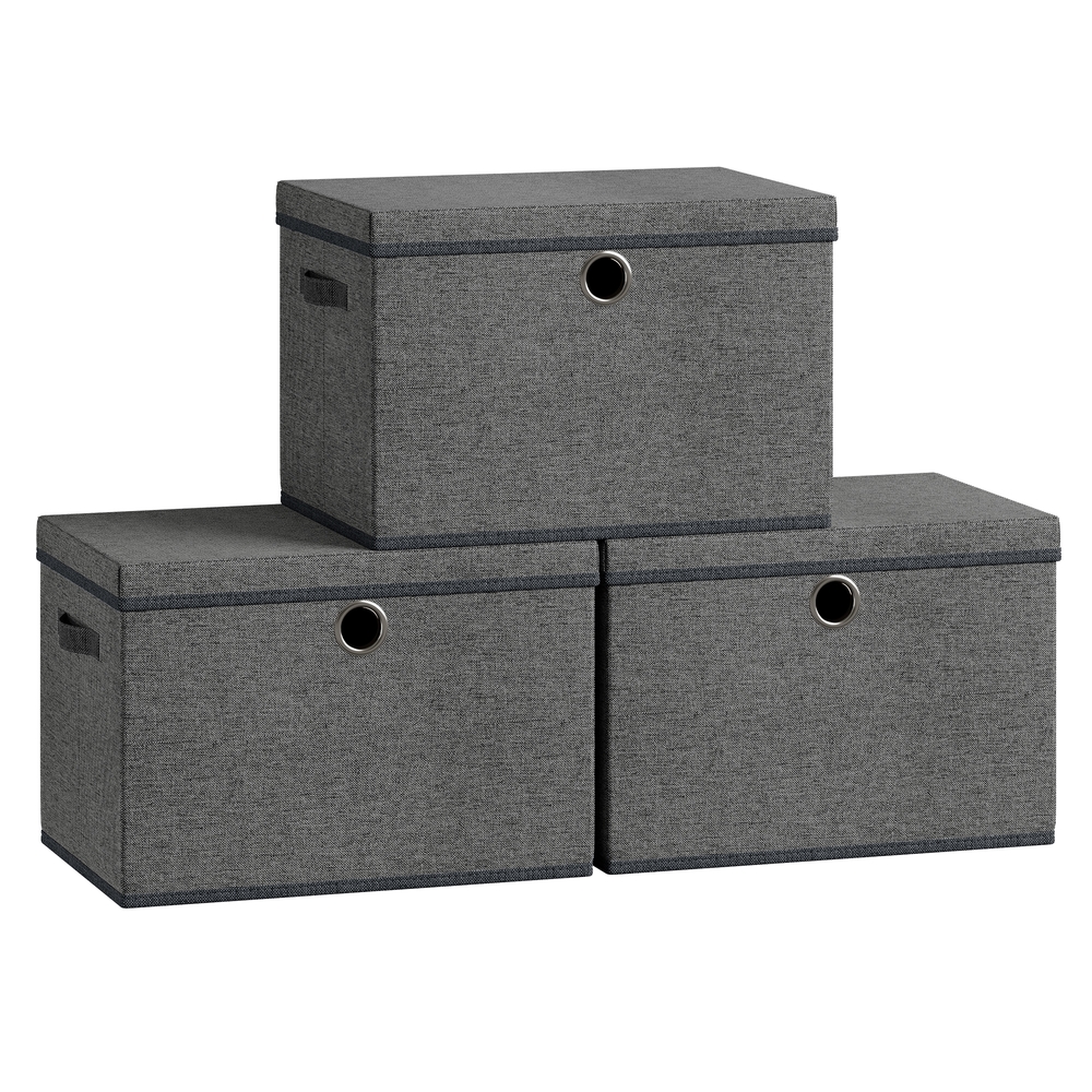 SONGMICS Aufbewahrungsboxen, mit Deckel, 3er Set, Ordnungsboxen, PP-Platten, geruchsneutral, faltbar, stapelbar, Stoffboxen mit Griffen, 43 x 30 x 30 cm, schiefergrau RFB545GN01